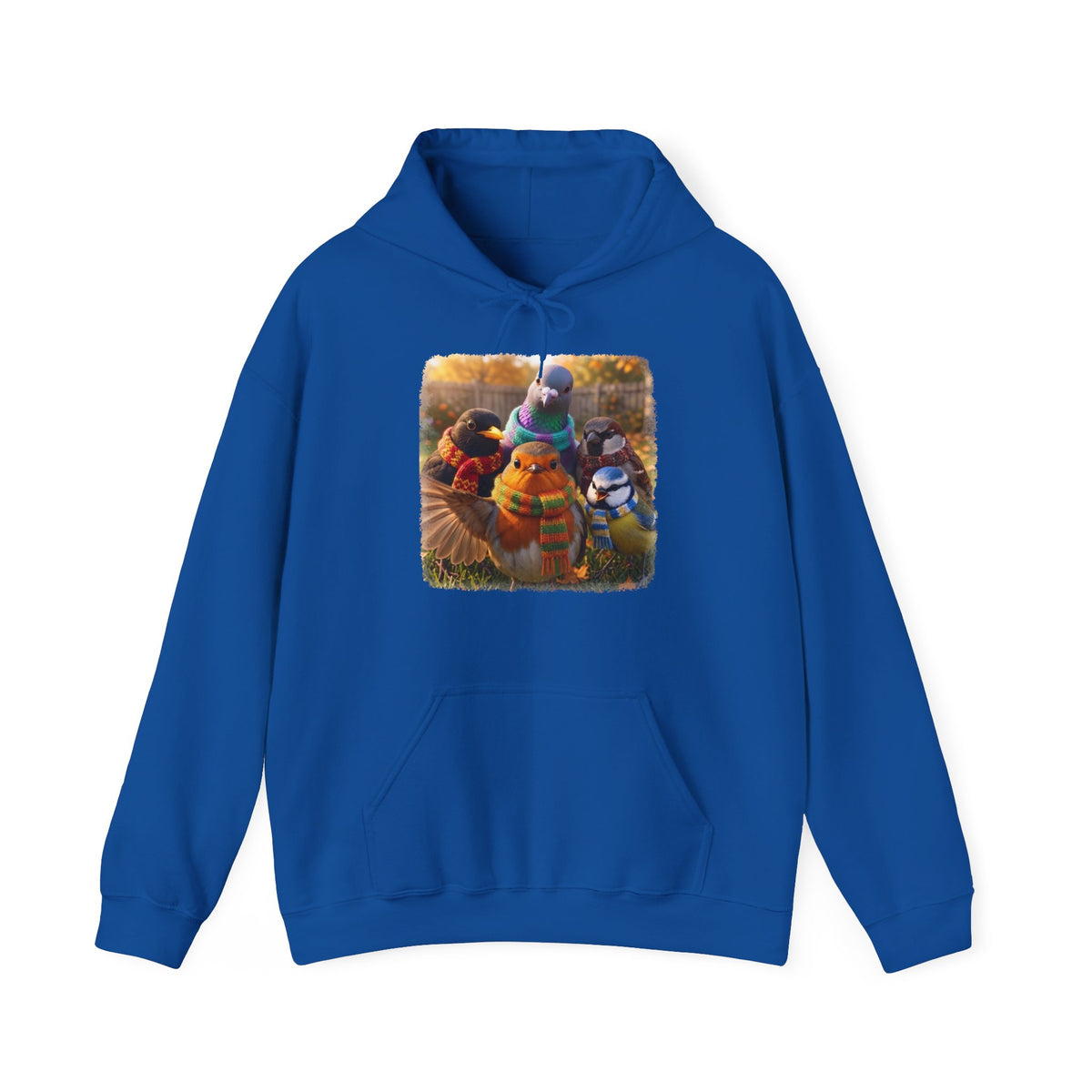 Gartenvögel Hoodie „Rosis Gruppen-Selfie“ – Kuscheliger Kapuzenpullover mit Rotkehlchen, Amsel & Meise
