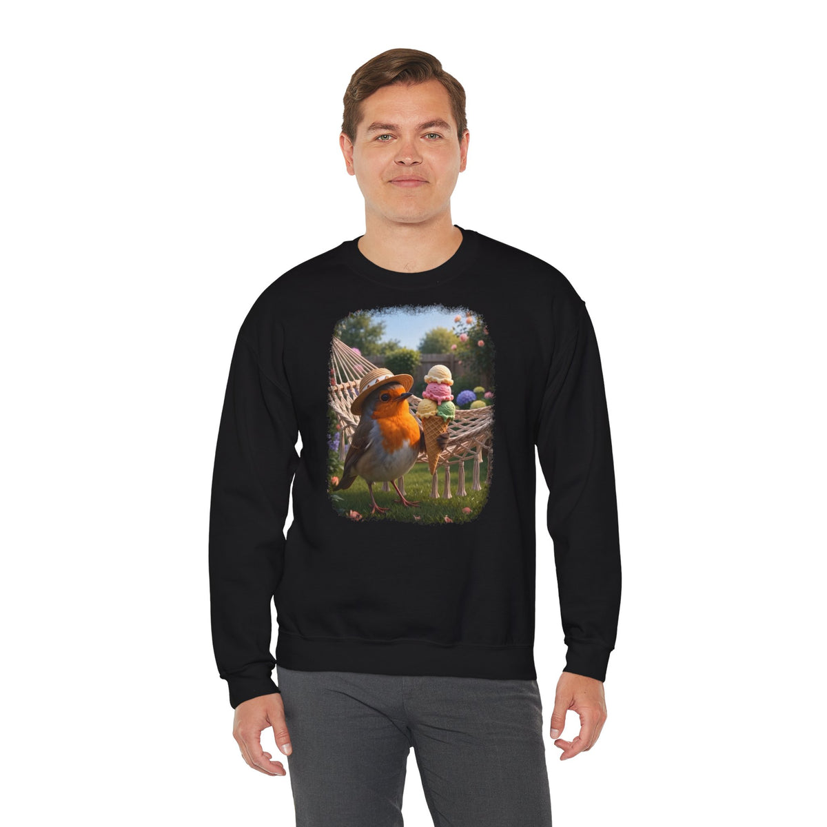Sweat-shirt premium Rougegorge Rosi et le géant des glaces dans le jardin (unisexe)
