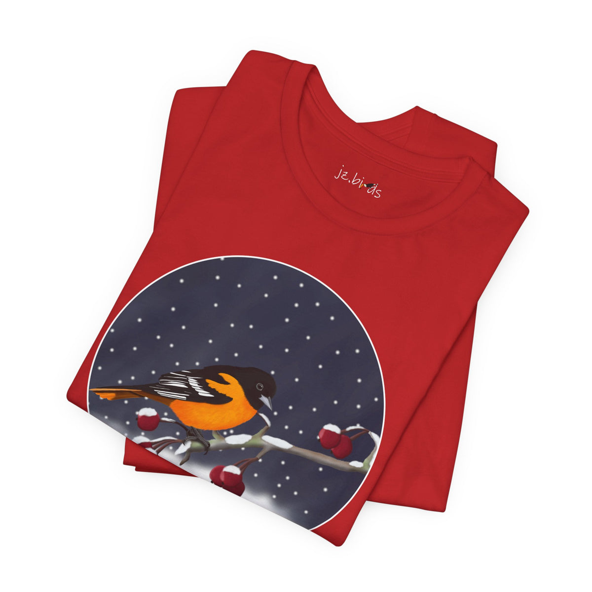 Baltimore Oriole on a Winter Branch Birdwatcher Christmas Bird T-Shirt
