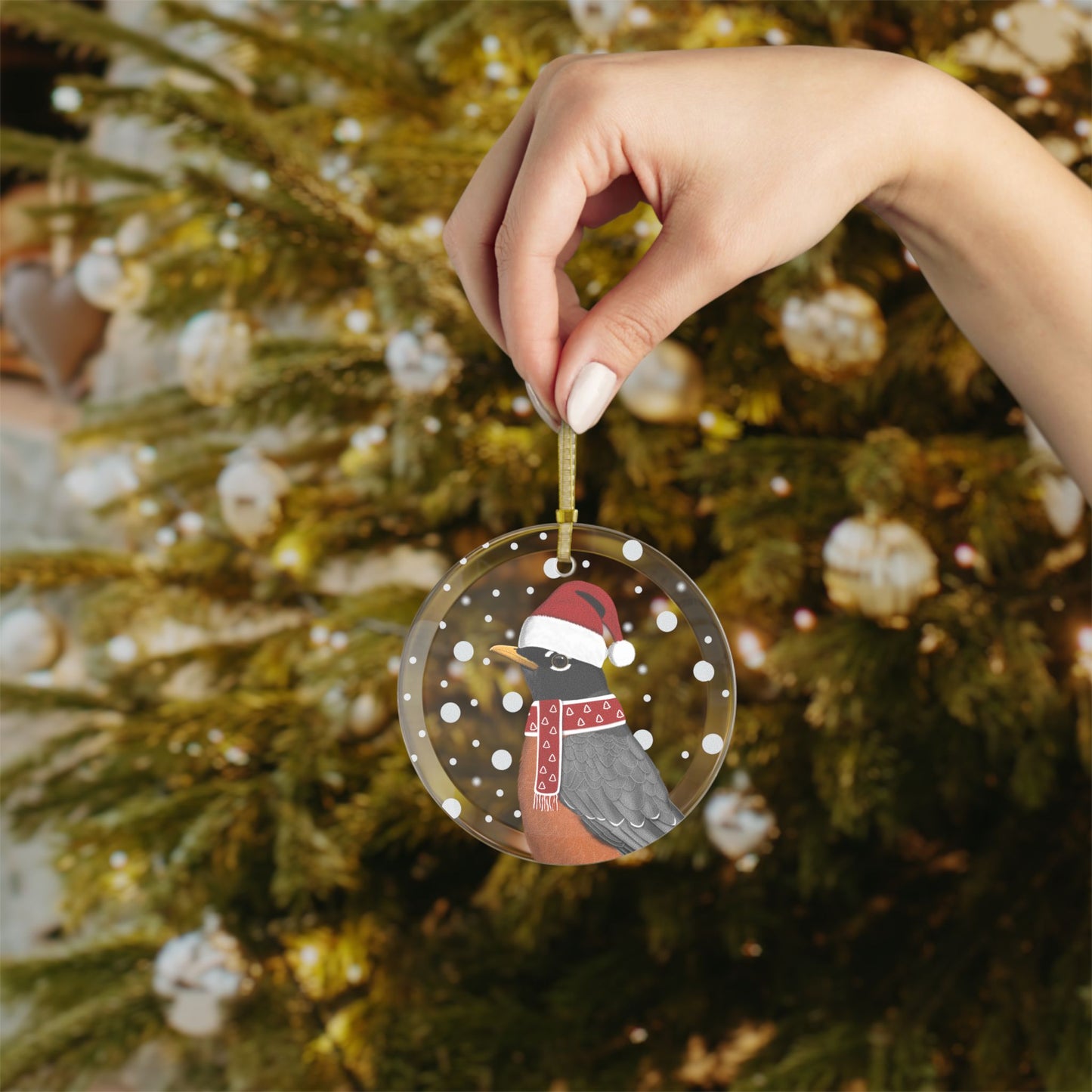 Robin as Santa Claus Christmas Bird Glass Ornament Transparent
