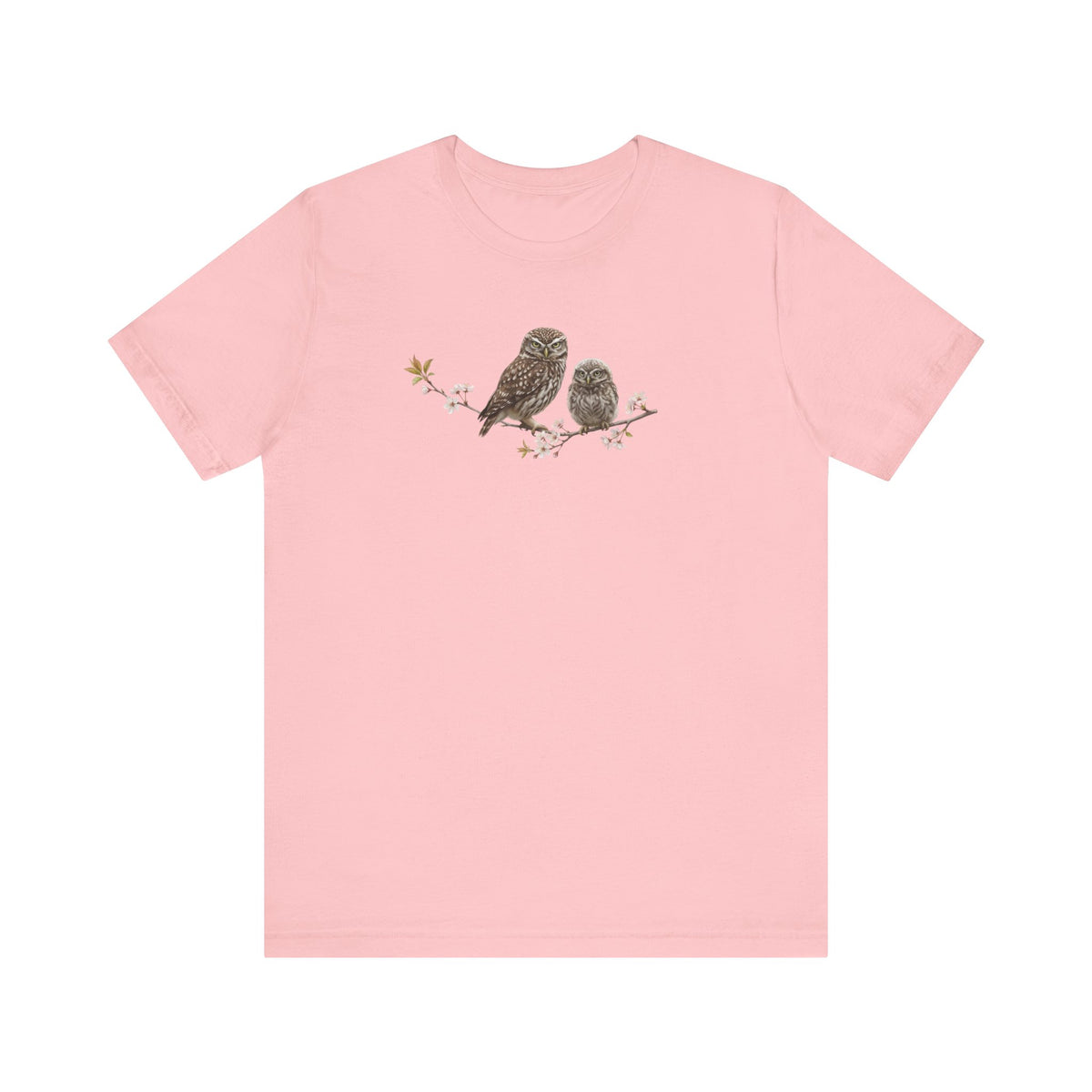 Eule Steinkauz & Jungvogel T-Shirt | Frühlingsblüten Vogelmotiv für Vogelbeobachter