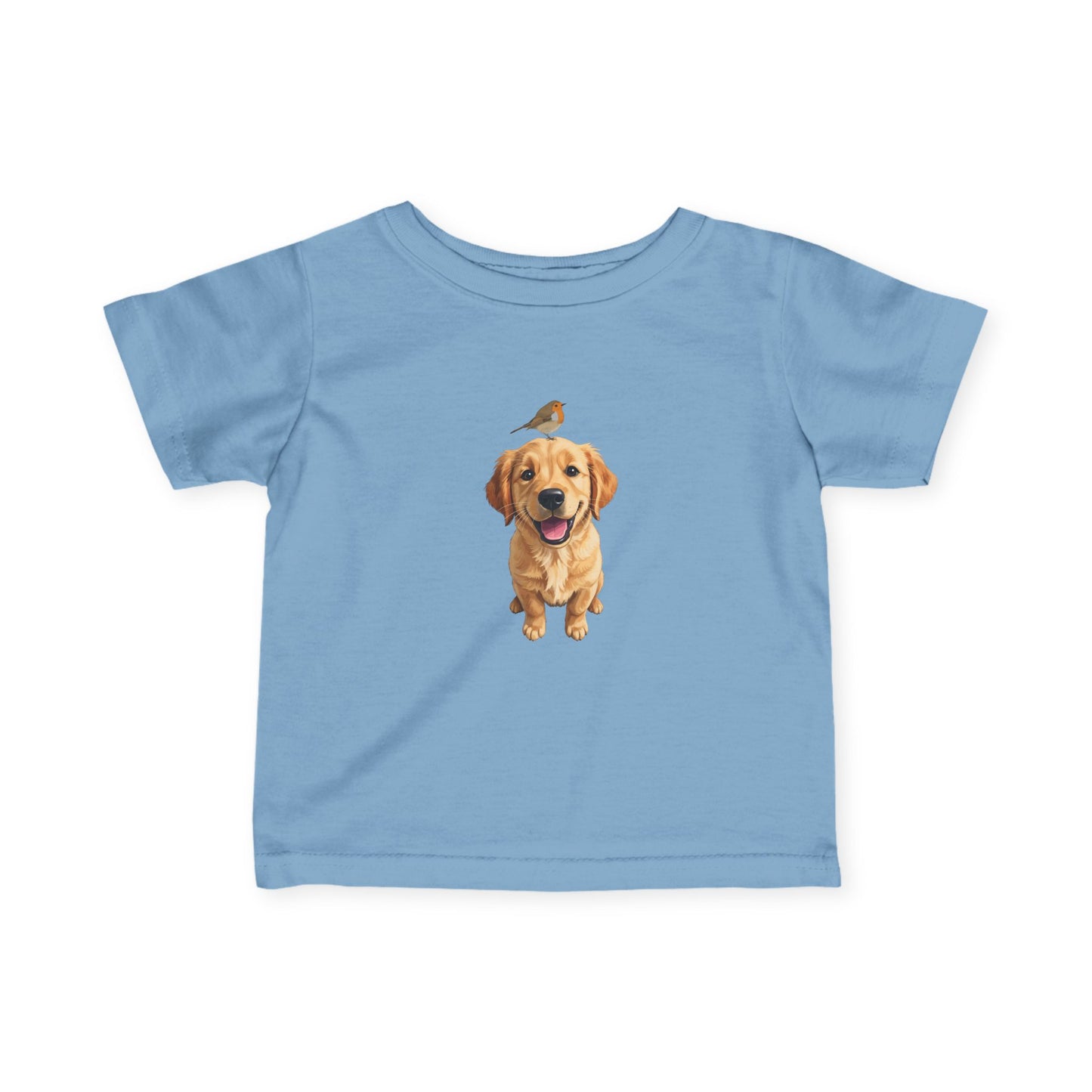 Light blue t-shirt with a dog and bird graphic on a white background