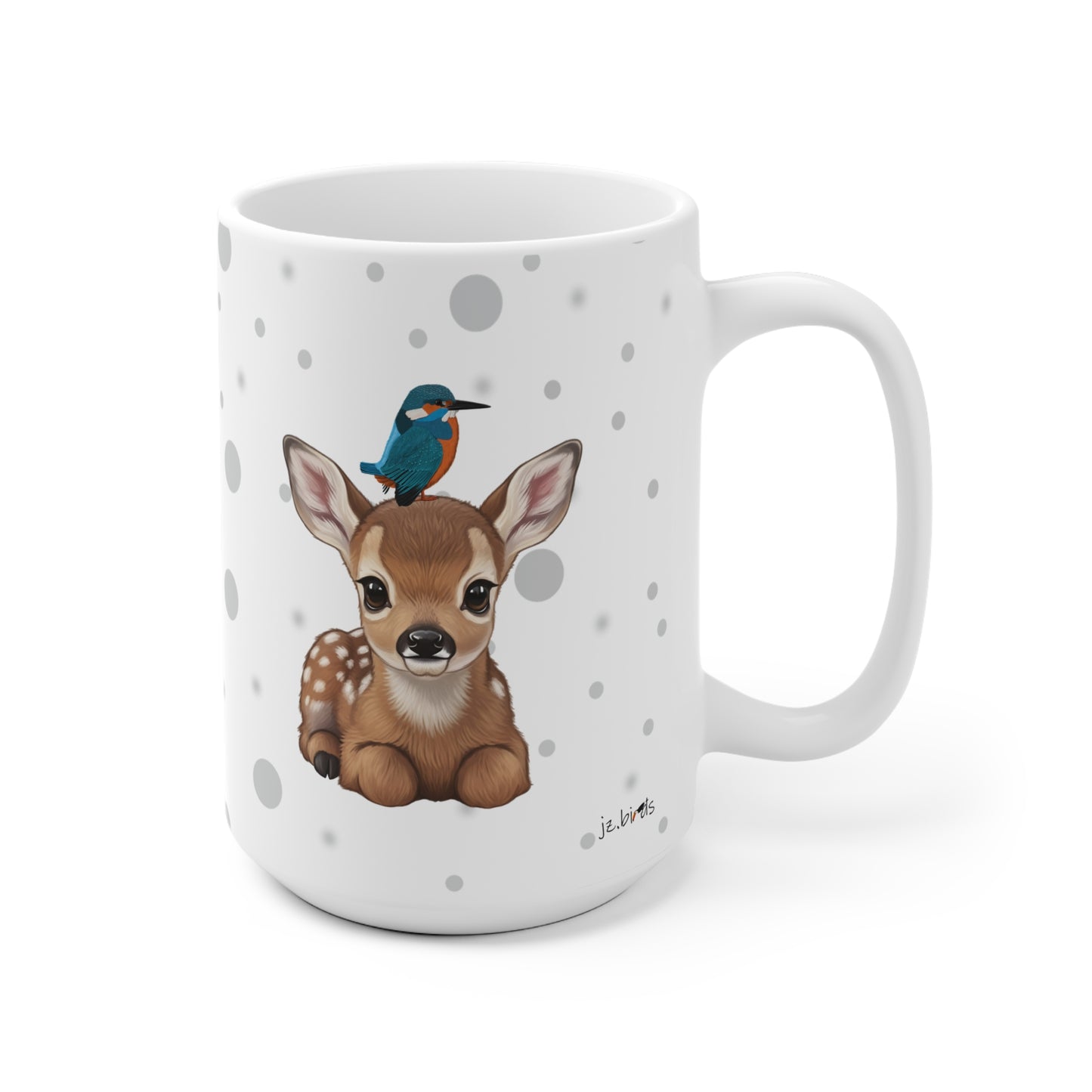 Rehkitz Tasse mit Eisvogel Tiermotiv Punkte Grau