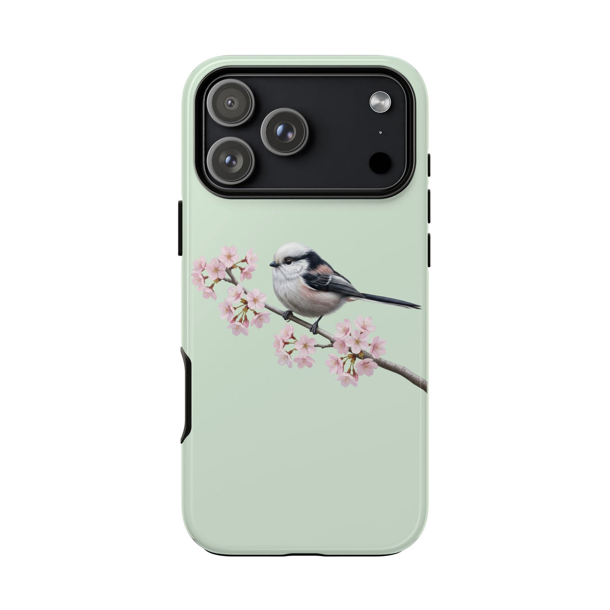 Funda para móvil de carbonero común en verde salvia | Motivo floral de pájaro y flores de cerezo para iPhone y Google Pixel