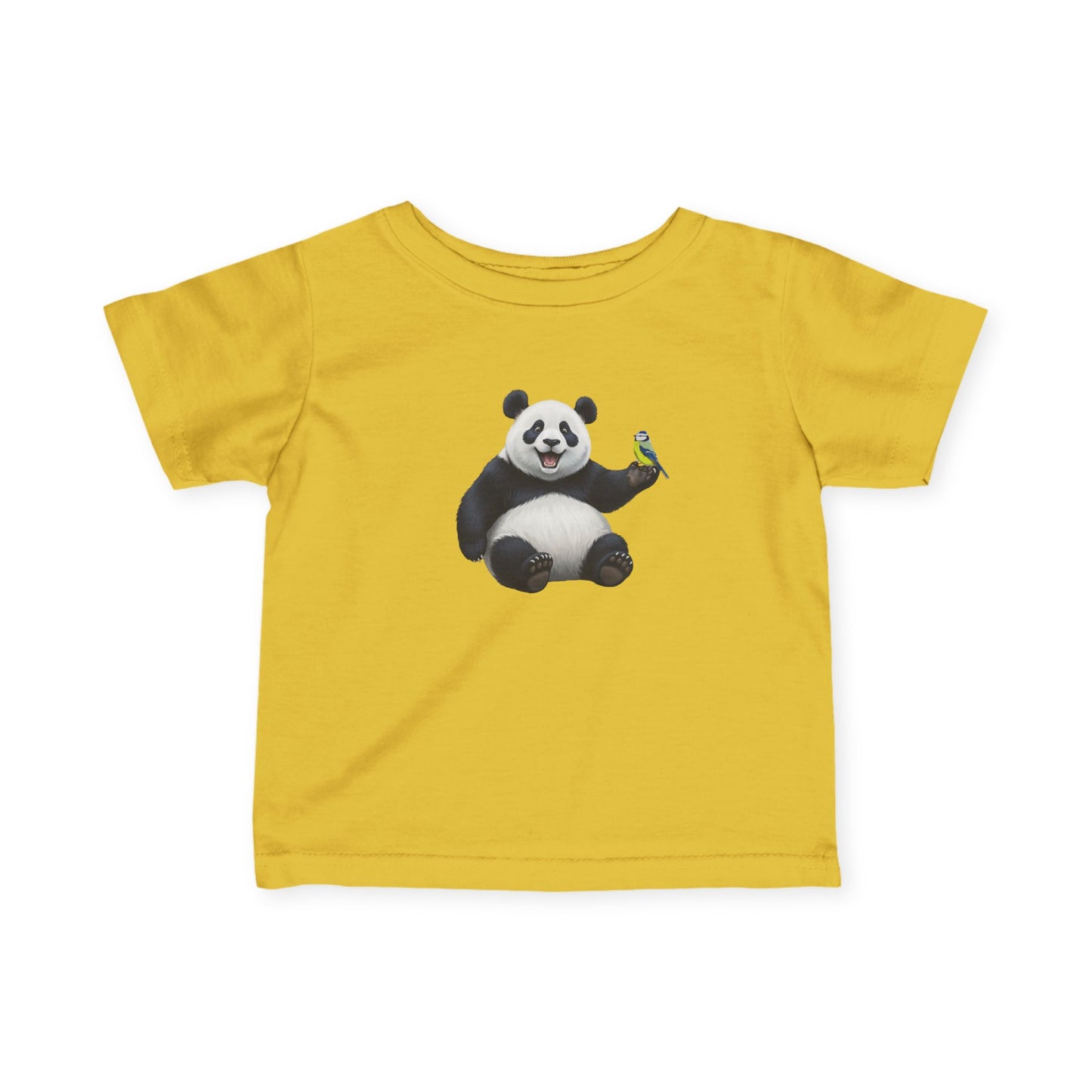 Fröhlicher Panda mit Blaumeise Vogel Tiermotiv T-Shirt für Babys und Kleinkinder