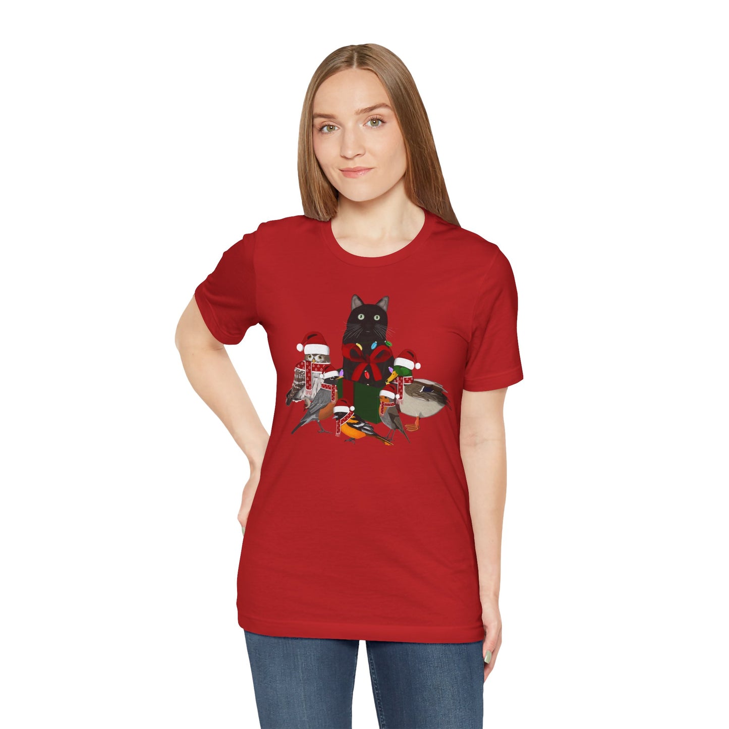 Robin Mallard Oriole Owl with Cat in a Box and Fairy Lights Christmas Bird T-Shirt
