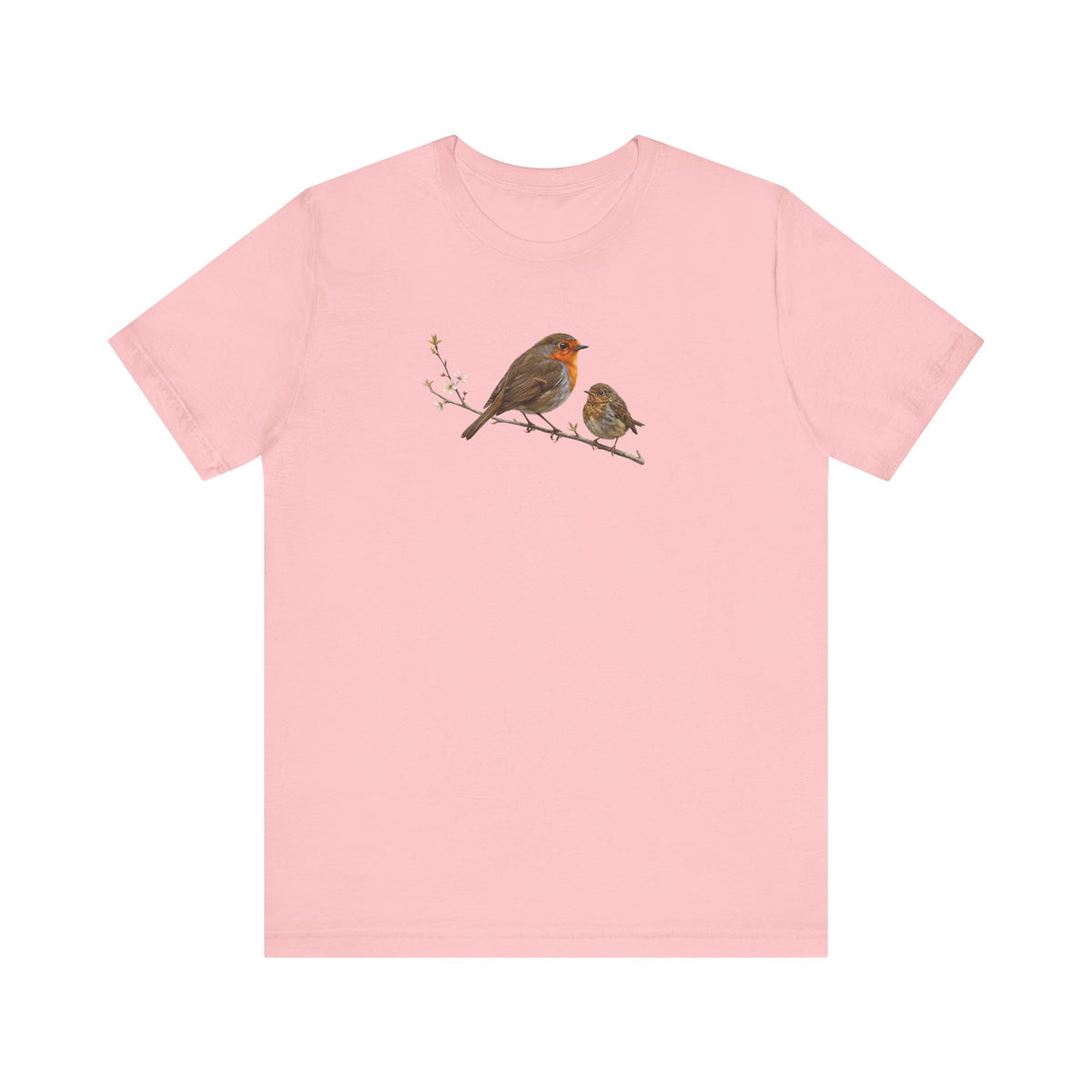 Rotkehlchen & Jungvogel T-Shirt | Frühlingsblüten Vogelmotiv für Vogelbeobachter