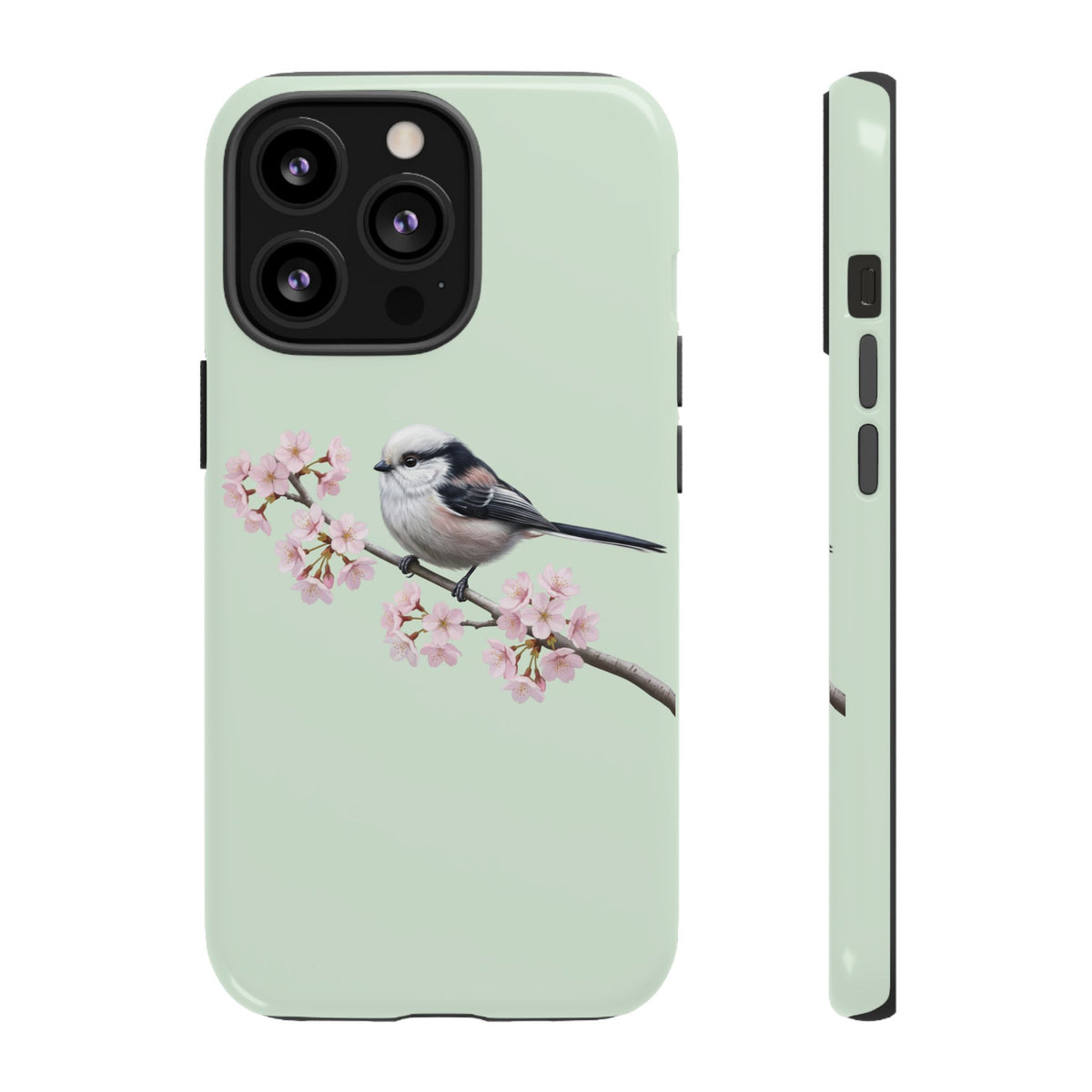 Funda para móvil de carbonero común en verde salvia | Motivo floral de pájaro y flores de cerezo para iPhone y Google Pixel