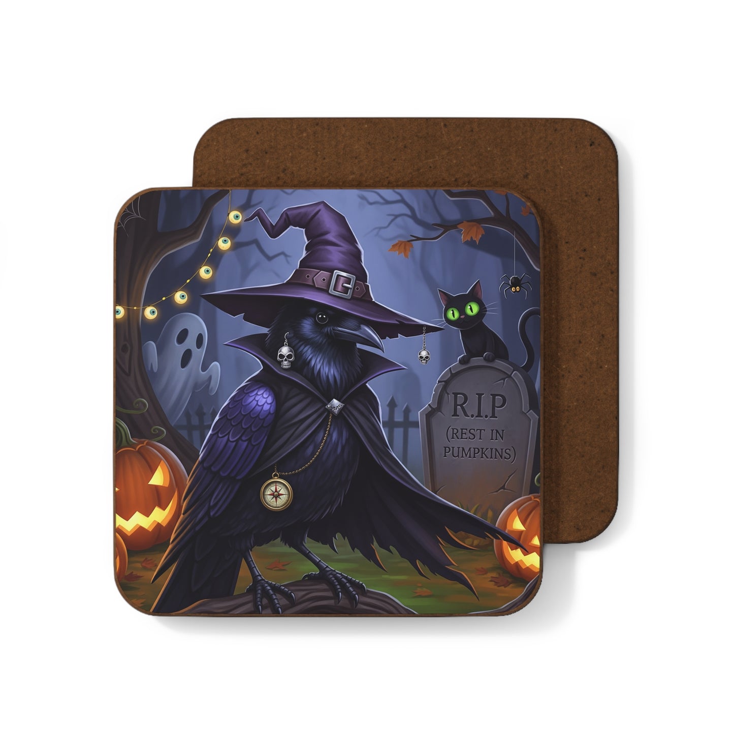 Crow Halloween Coasters - Funny Spooky Bird Design with Pumpkins & Cat