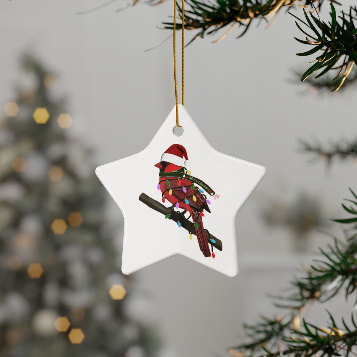 サンタクロースのカーディナル 陶器製 鳥 クリスマスオーナメント | 丈夫な両面鳥好き向け装飾