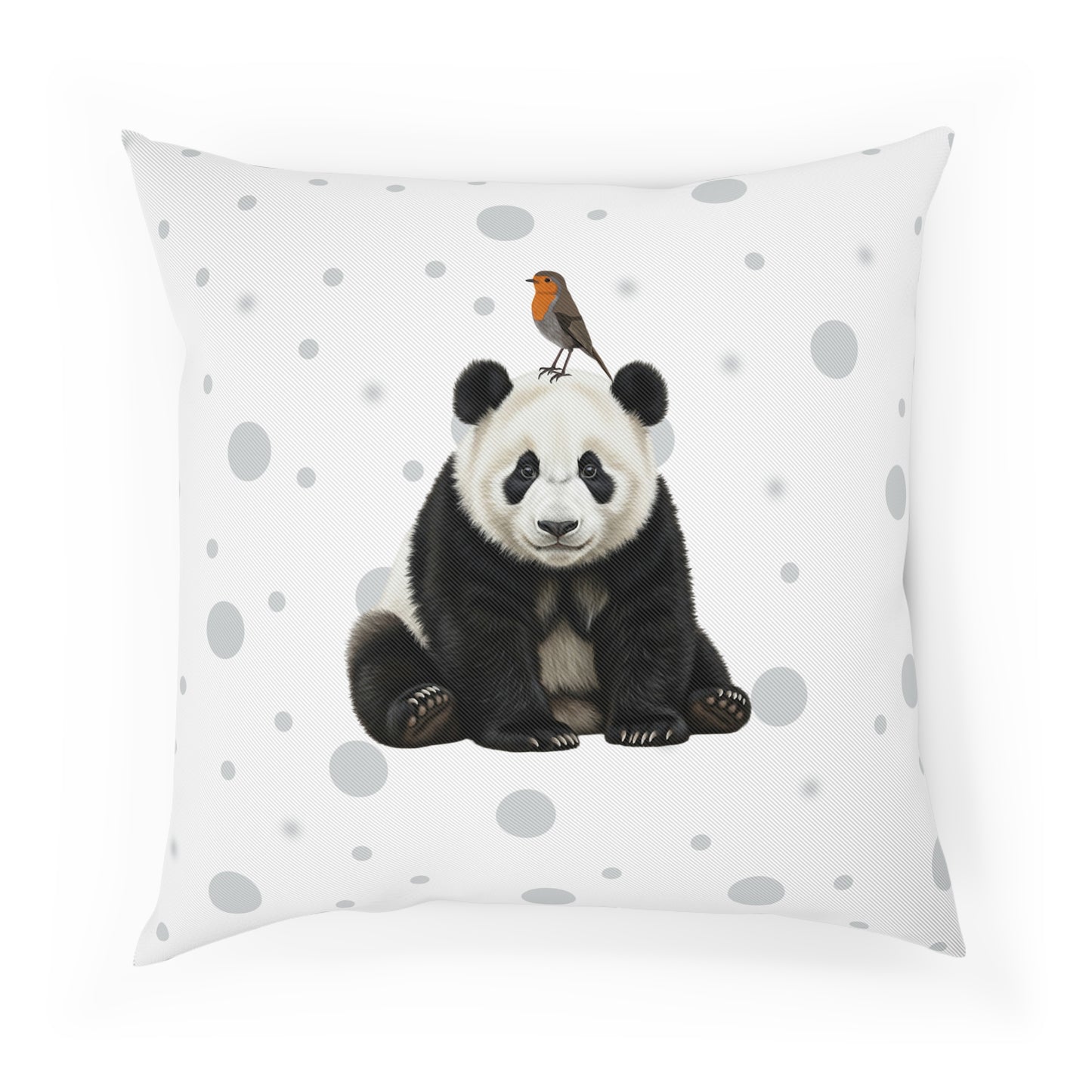 Rotkehlchen mit Panda Vogel Tiermotiv Kissen – Dekokissen mit Vogelmotiv Weiß mit grauen Punkten