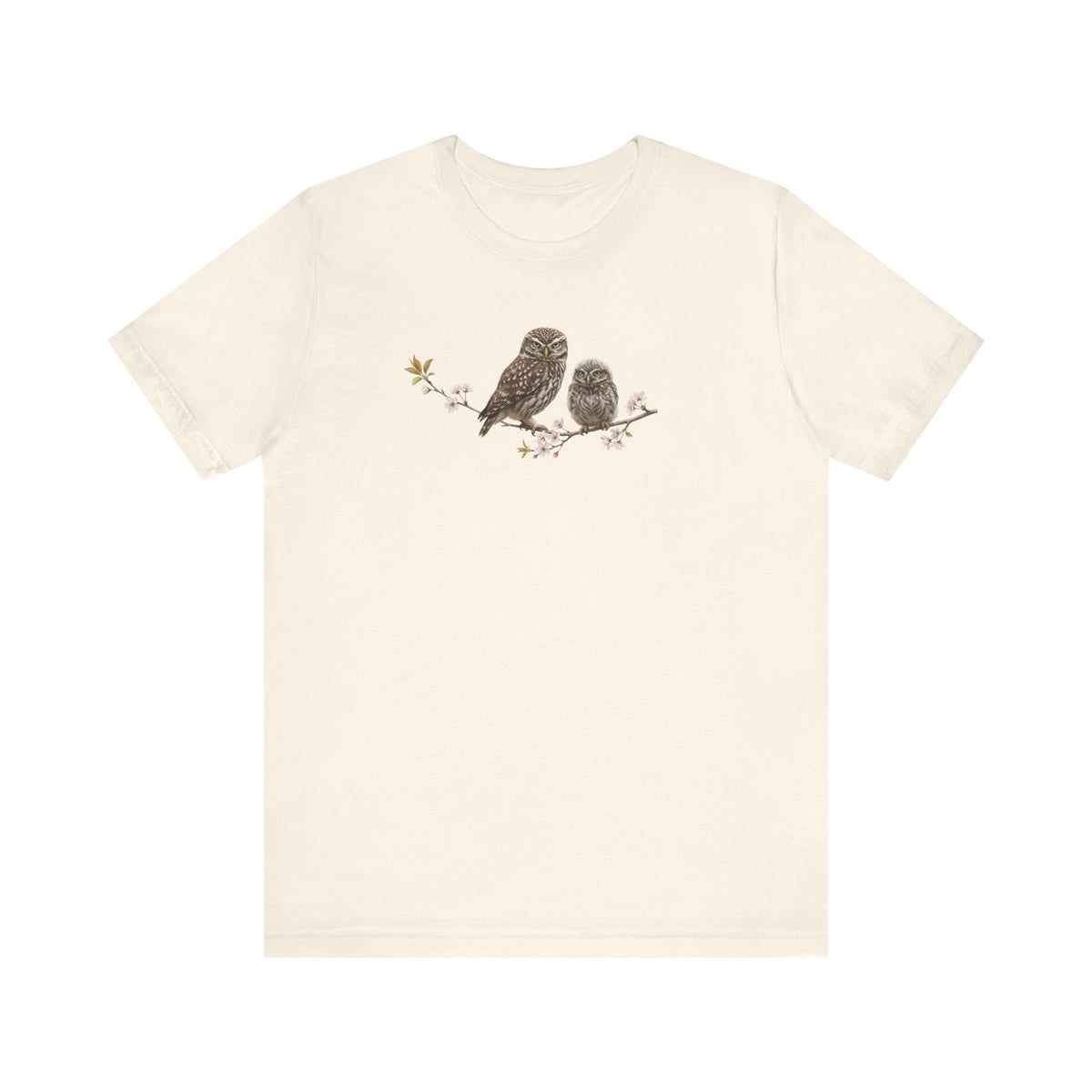 Eule Steinkauz & Jungvogel T-Shirt | Frühlingsblüten Vogelmotiv für Vogelbeobachter