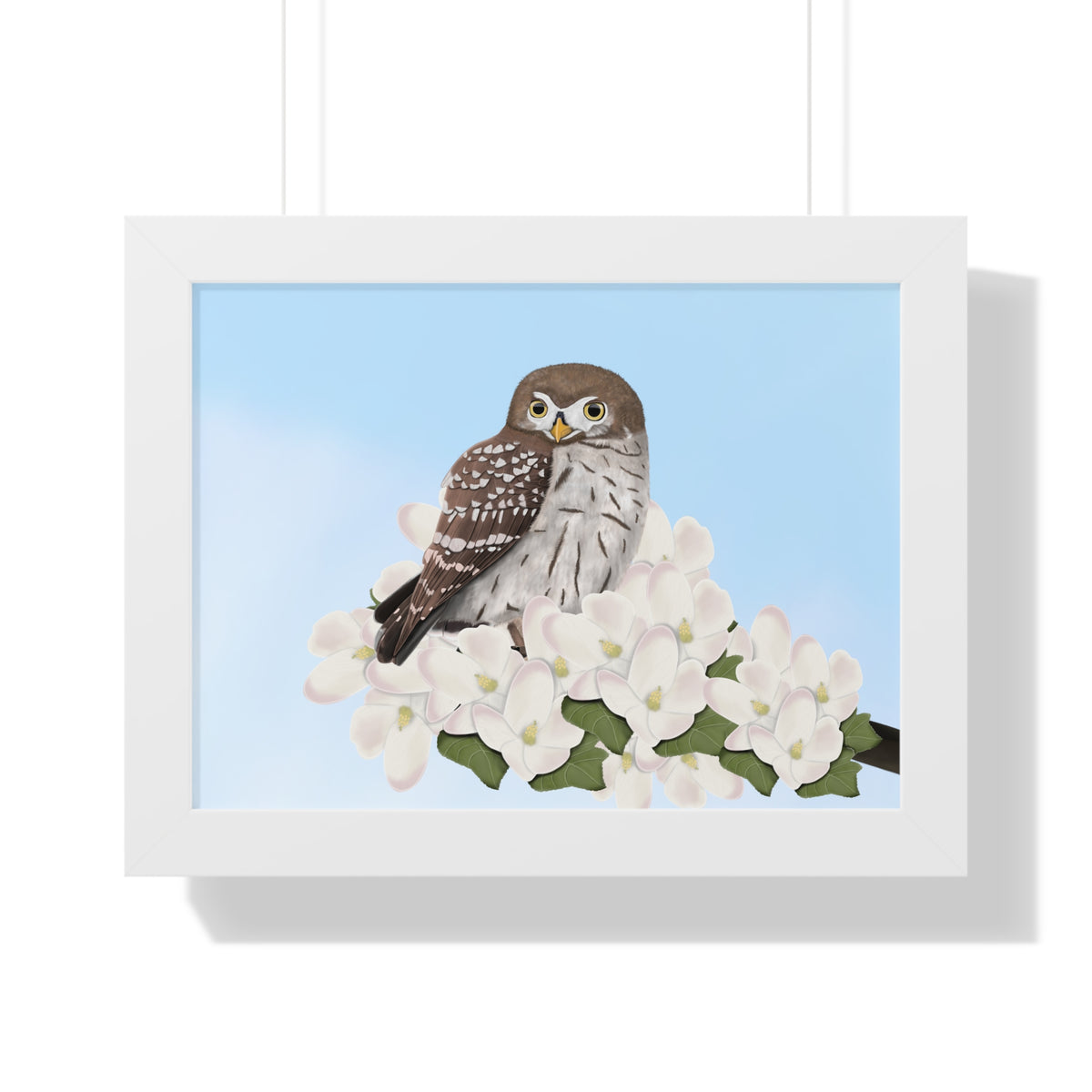 小さなフクロウの春の花鳥額入りポスター