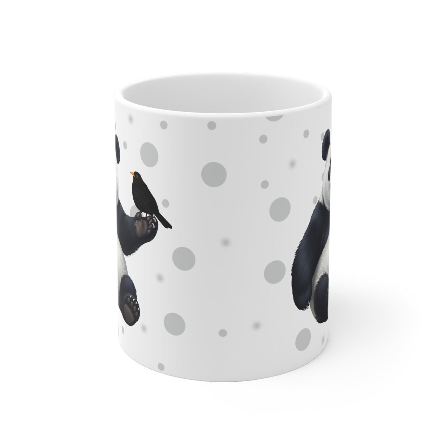 Amsel mit einem fröhlichen Panda Vogel Tiermotiv Tasse Punkte Grau