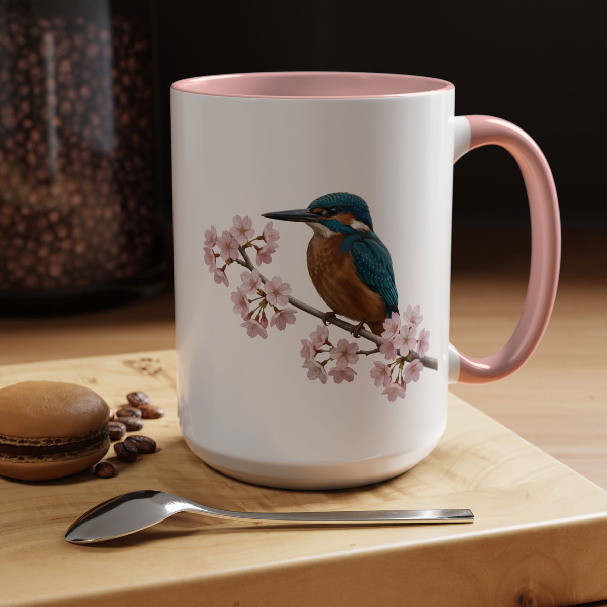 Kingfisher Cherry Blossom Mug | Pink Ceramic Coffee Cup for Bird Lovers