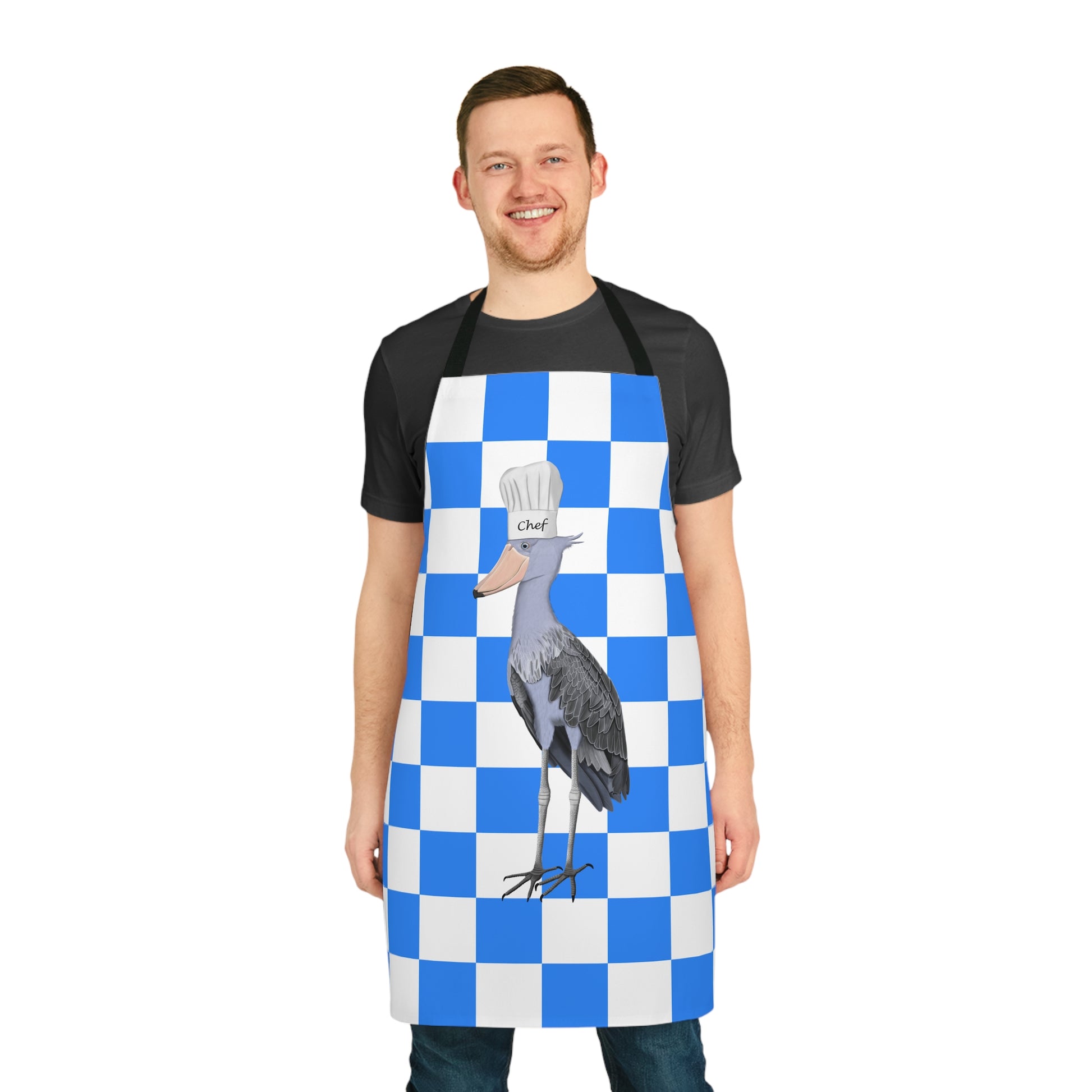 Shoebill Kitchen Chef Bird Art Apron Blue and White Checkered - jz.birds
