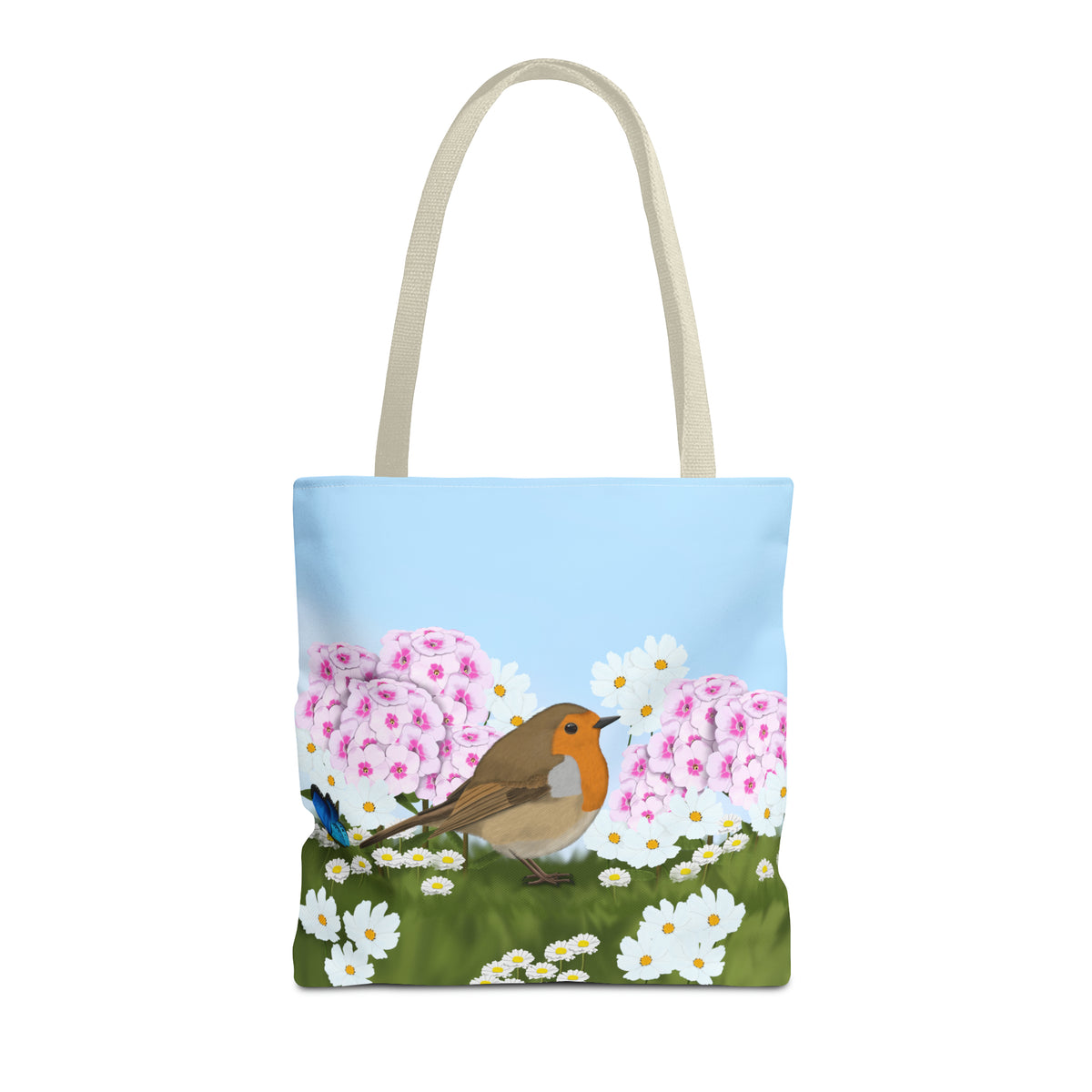 Robin in Summer Flowers Bird Tote Bag 16"x16" - jz.birds