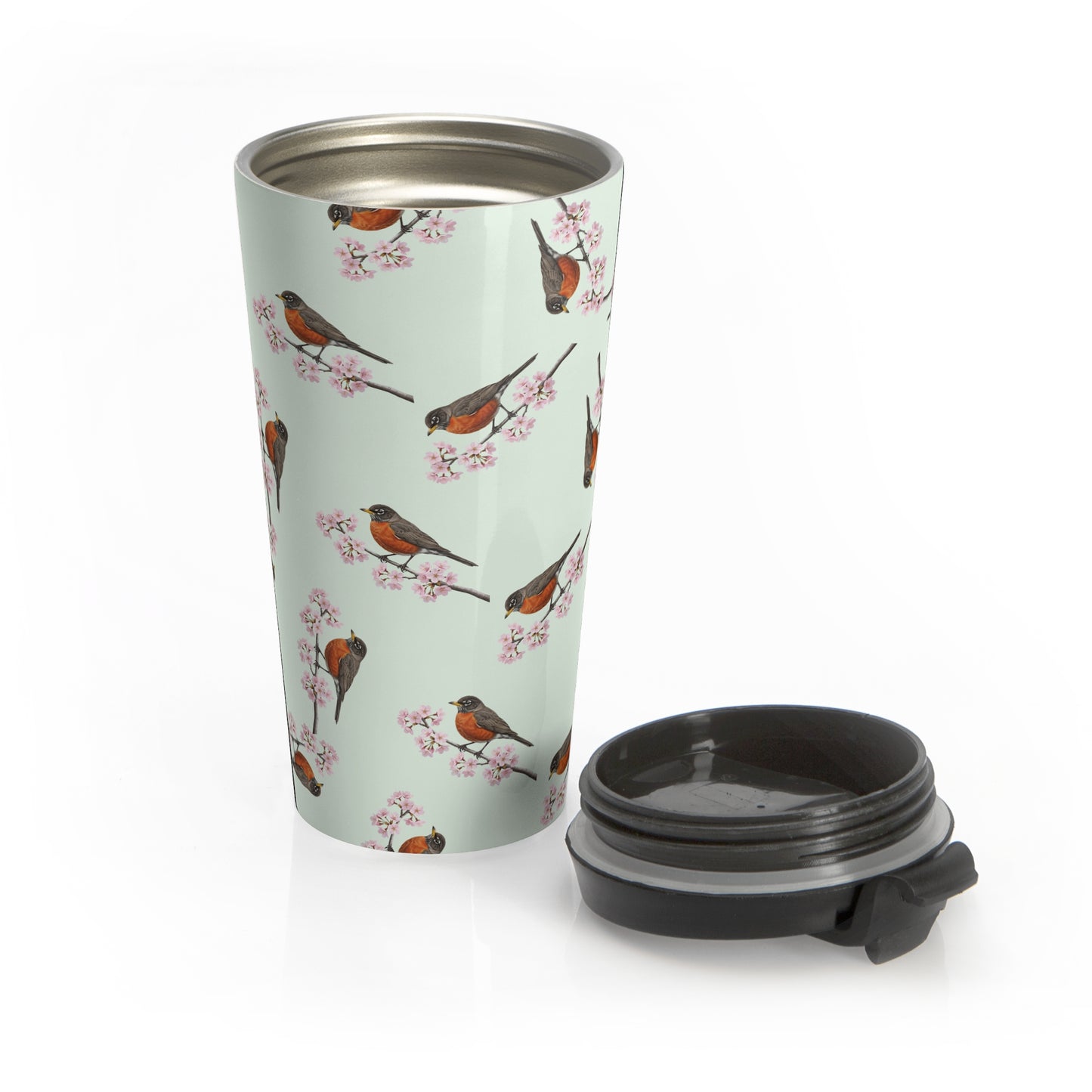 American Robin & Cherry Blossom Travel Tumbler Sage Green | 15oz Birdwatching Coffee Mug –