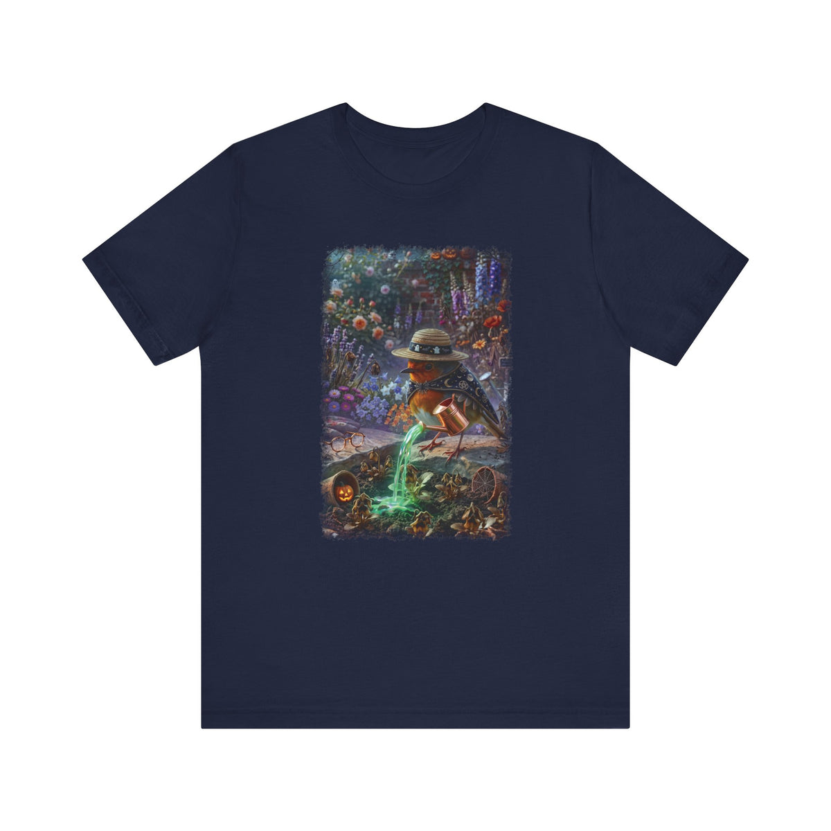 Soft premium Bella Canvas 3001 navy blue T-shirt featuring a digitally painted illustration of a cute bird named Robin Rosi pouring a glowing green magic potion from a watering can onto dried flowers.