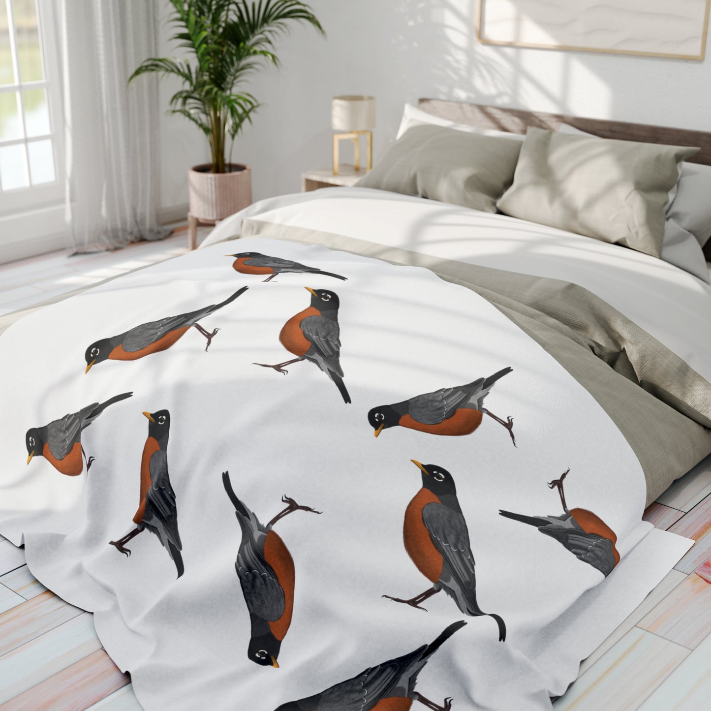 American Robin Bird Arctic Fleece Blanket White