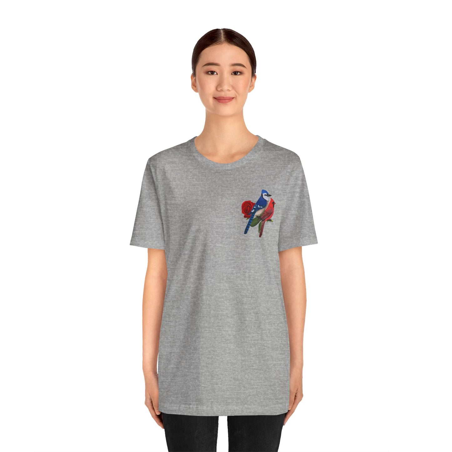 Valentine's Day Blue Jay Cardinal Birds on Rose T-Shirt