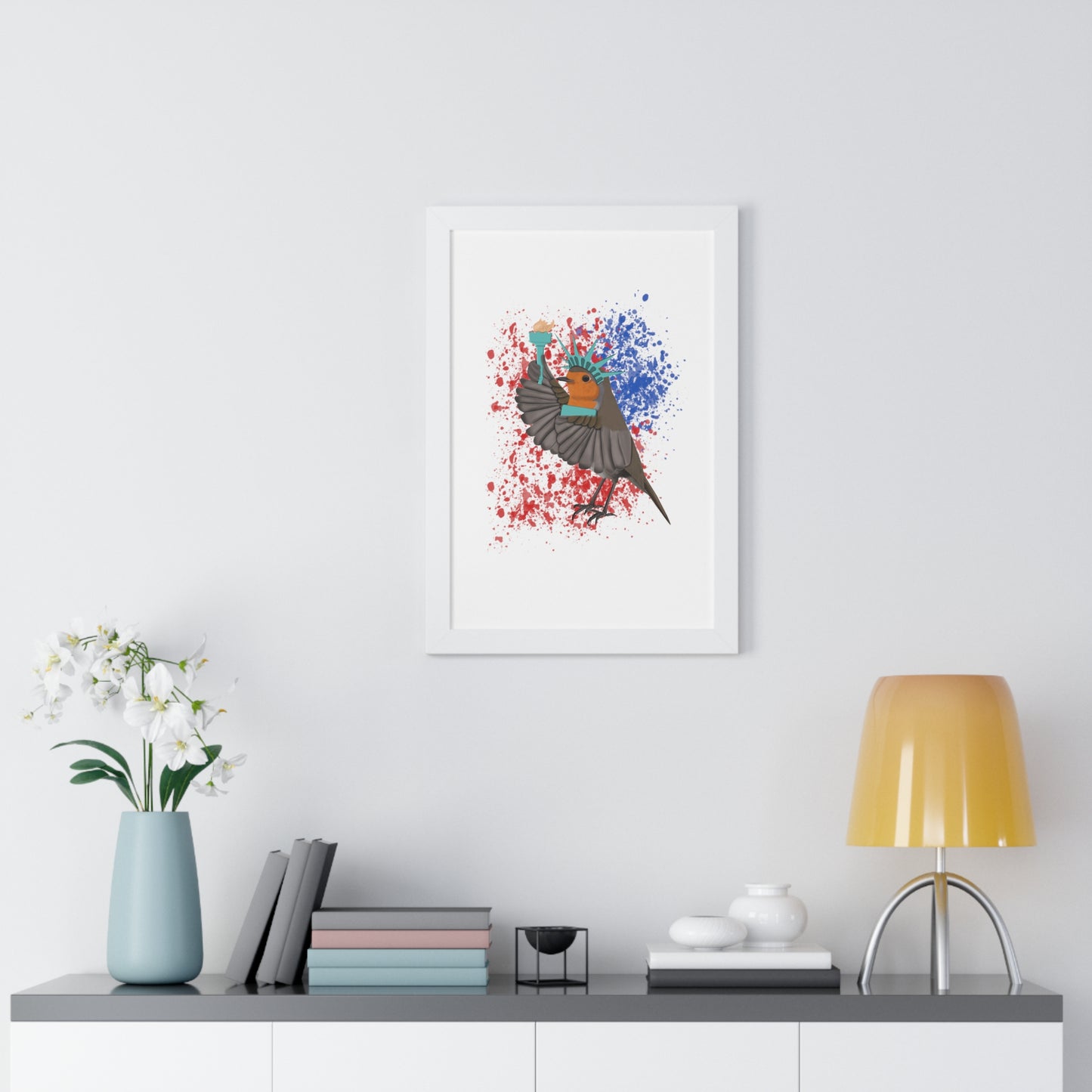 Robin 4th of July Independence Day Statue of Liberty Bird Framed Poster