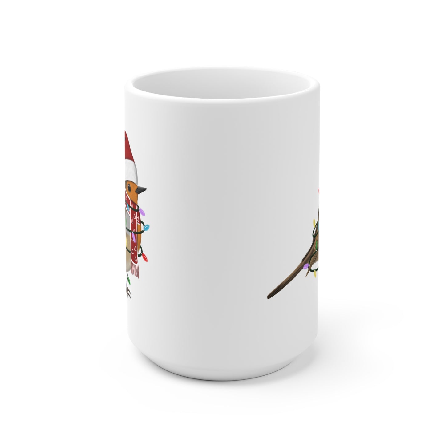 Rotkehlchen Tasse Vogel als Weihnachtsmann mit Lichterkette Weiß für Vogelfreunde