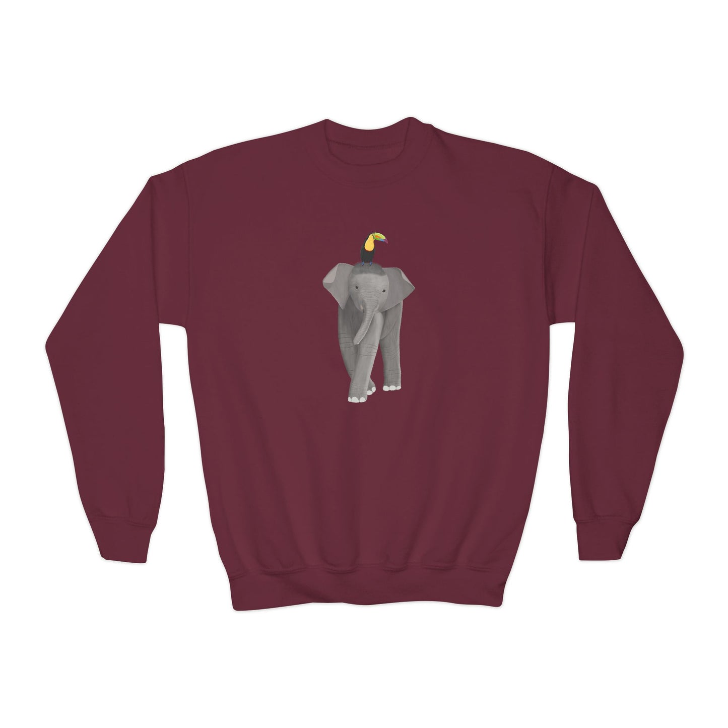 Elephant with Keel Billed Toucan Bird Youth Crewneck Sweatshirt