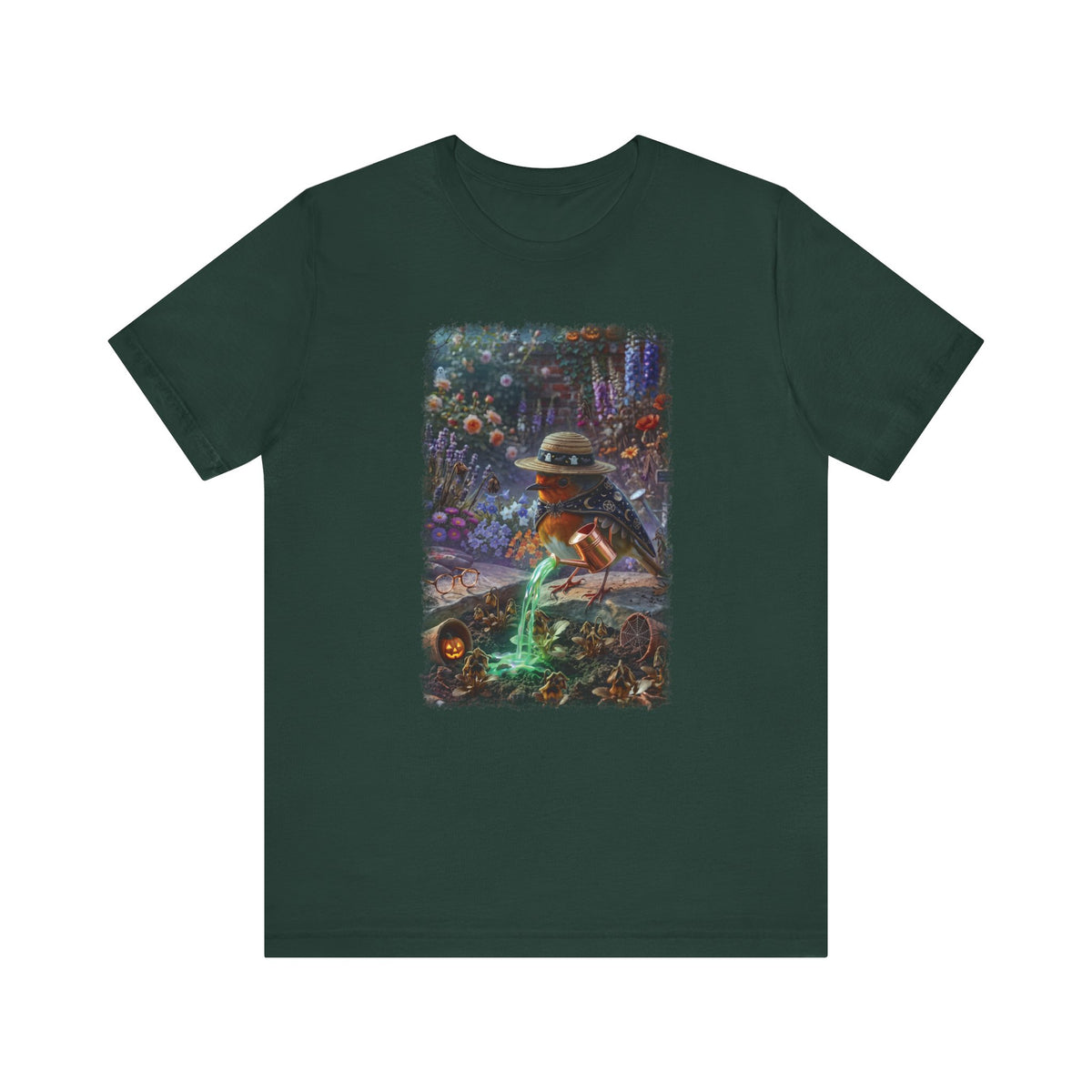 Soft premium Bella Canvas 3001 dark green T-shirt featuring a digitally painted illustration of a cute bird named Robin Rosi pouring a glowing green magic potion from a watering can onto dried flowers.