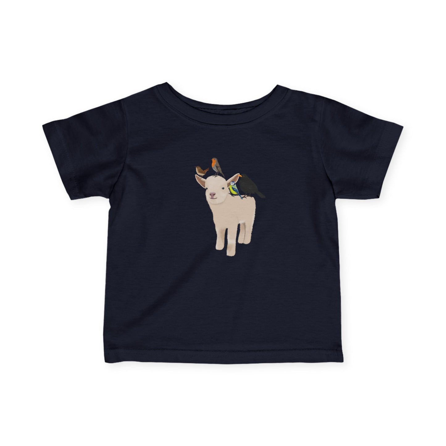 Süßes Lamm mit Amsel Blaumeise Rotkehlchen Zaunkönig Vogel Tiermotiv T-Shirt für Babys und Kleinkinder