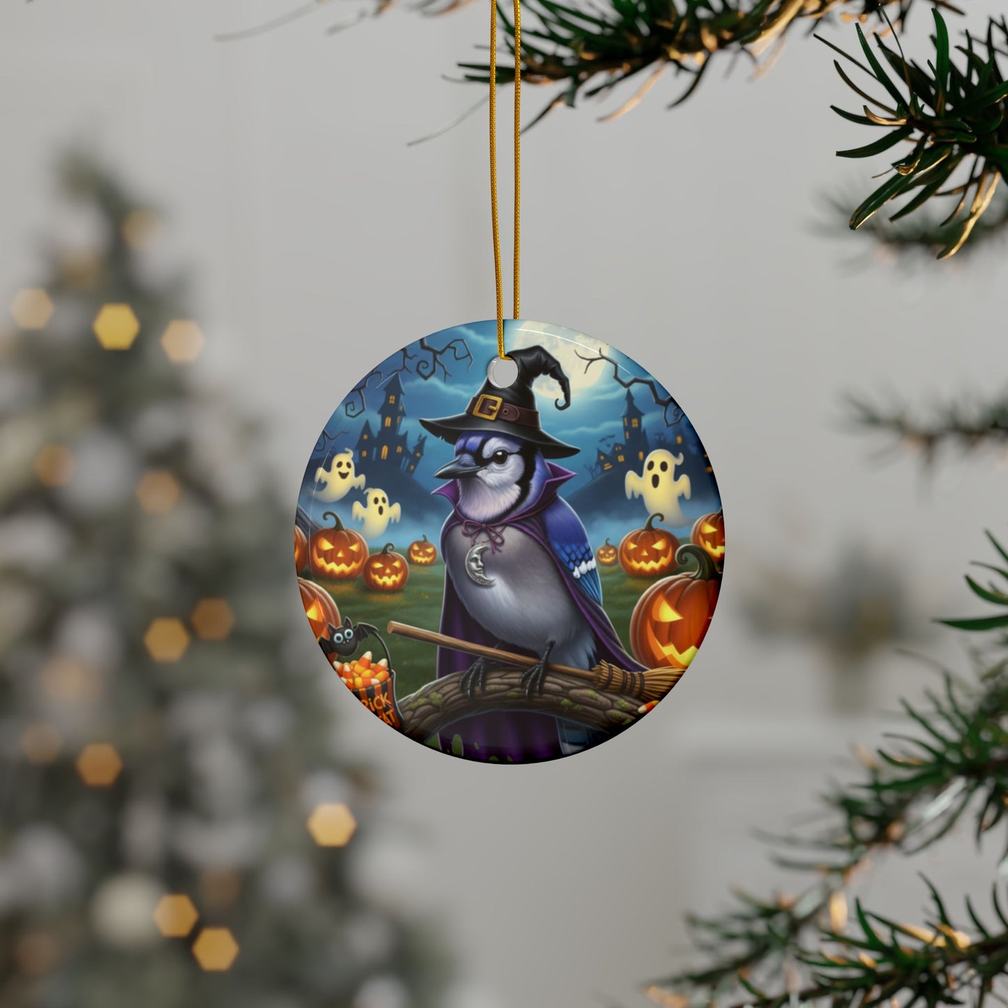 Funny Blue Jay Bird Halloween Ornament, Double-Sided Ceramic Decor for Spooky Season