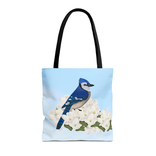 Blue Jay in Spring Blossoms Bird Tote Bag 16"x16"