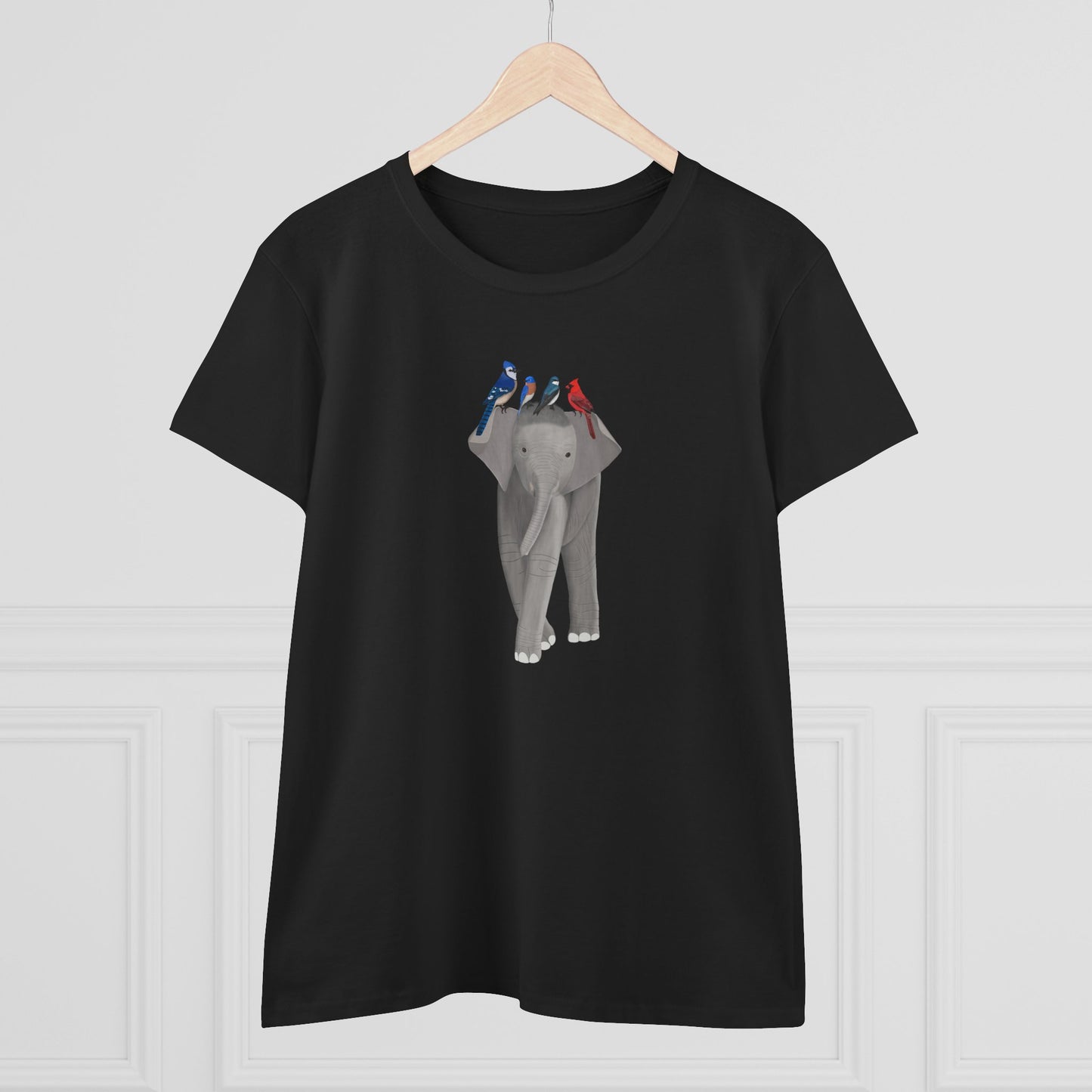 Elephant with Birds Blue Jay Cardinal Bluebird Design for Birdwatchers and Bird Lovers Women's T-Shirt