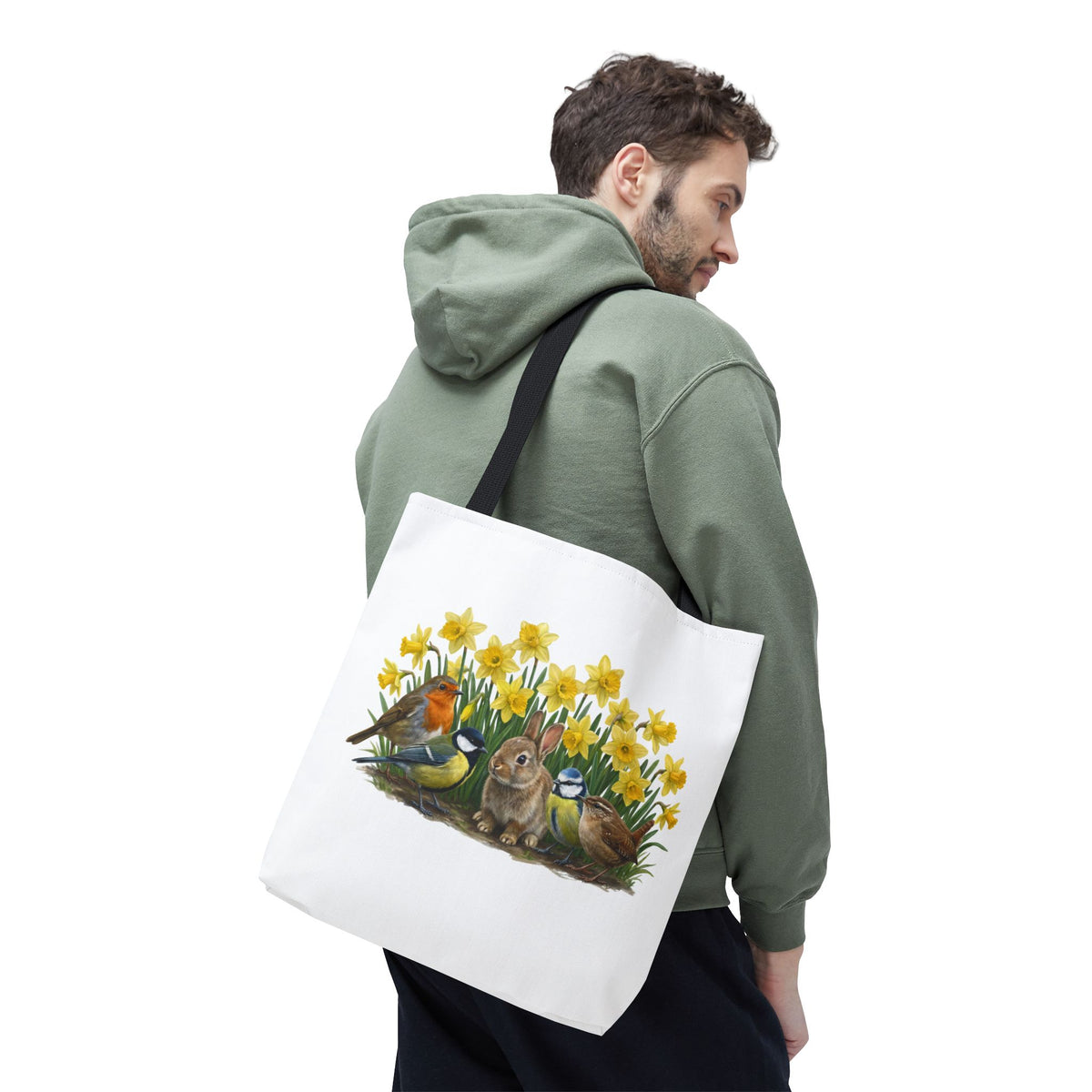 Resistente bolsa de compras «Primavera»: motivo de conejo, petirrojo y carbonero | bolso shopper de 40 x 40 cm
