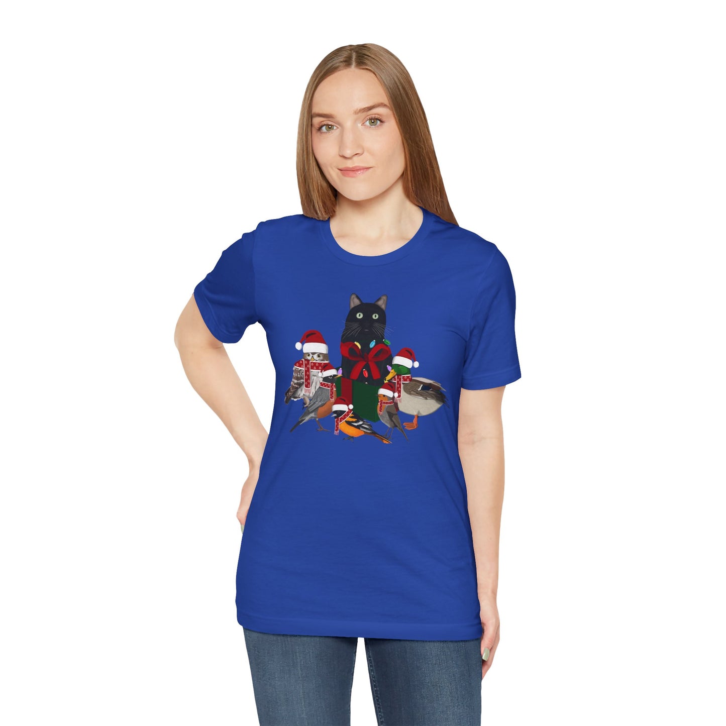 Robin Mallard Oriole Owl with Cat in a Box and Fairy Lights Christmas Bird T-Shirt