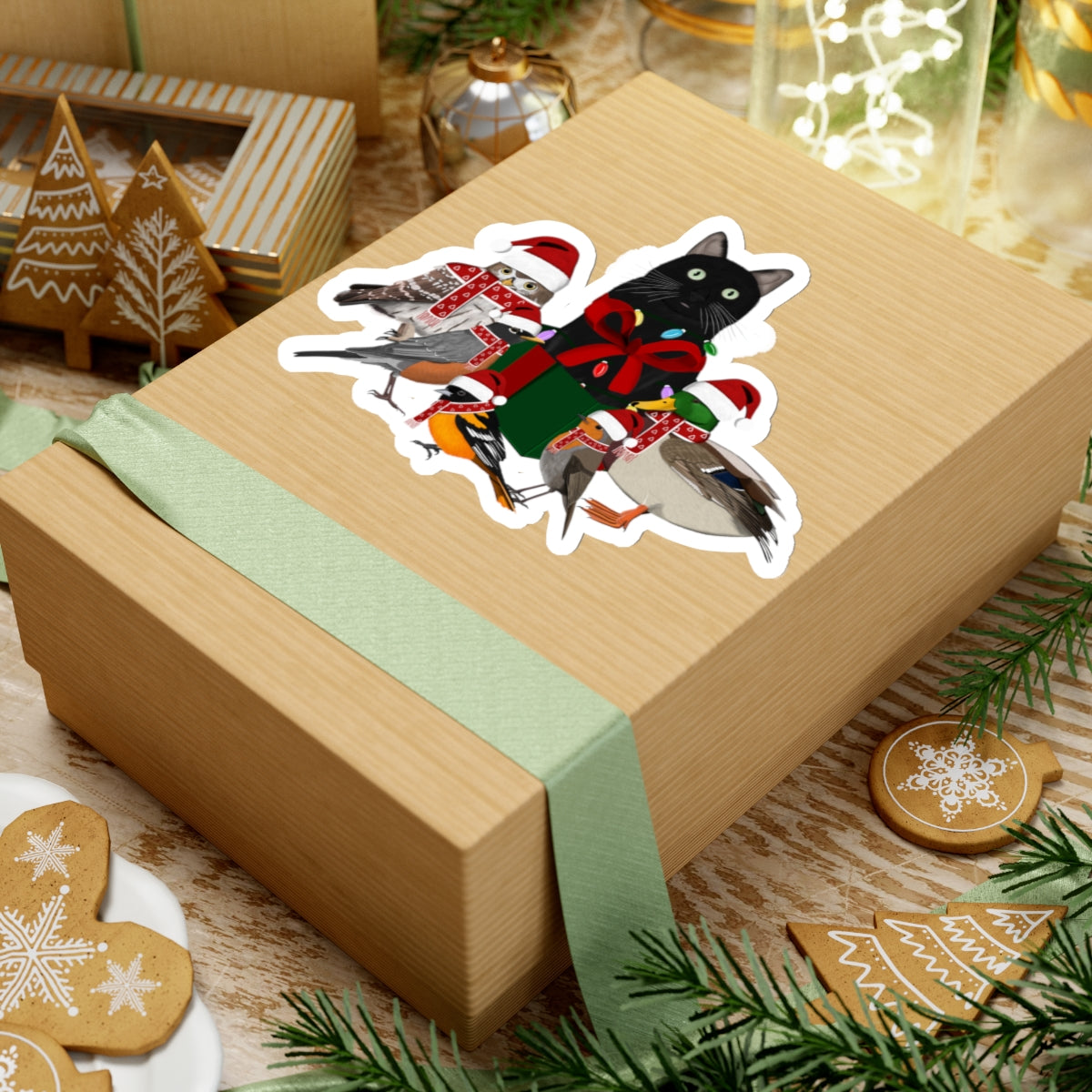 Robin Oriole Mallard Owl and Cat with Fairy Lights Santa Claus Hat and Scarf Christmas Bird Sticker
