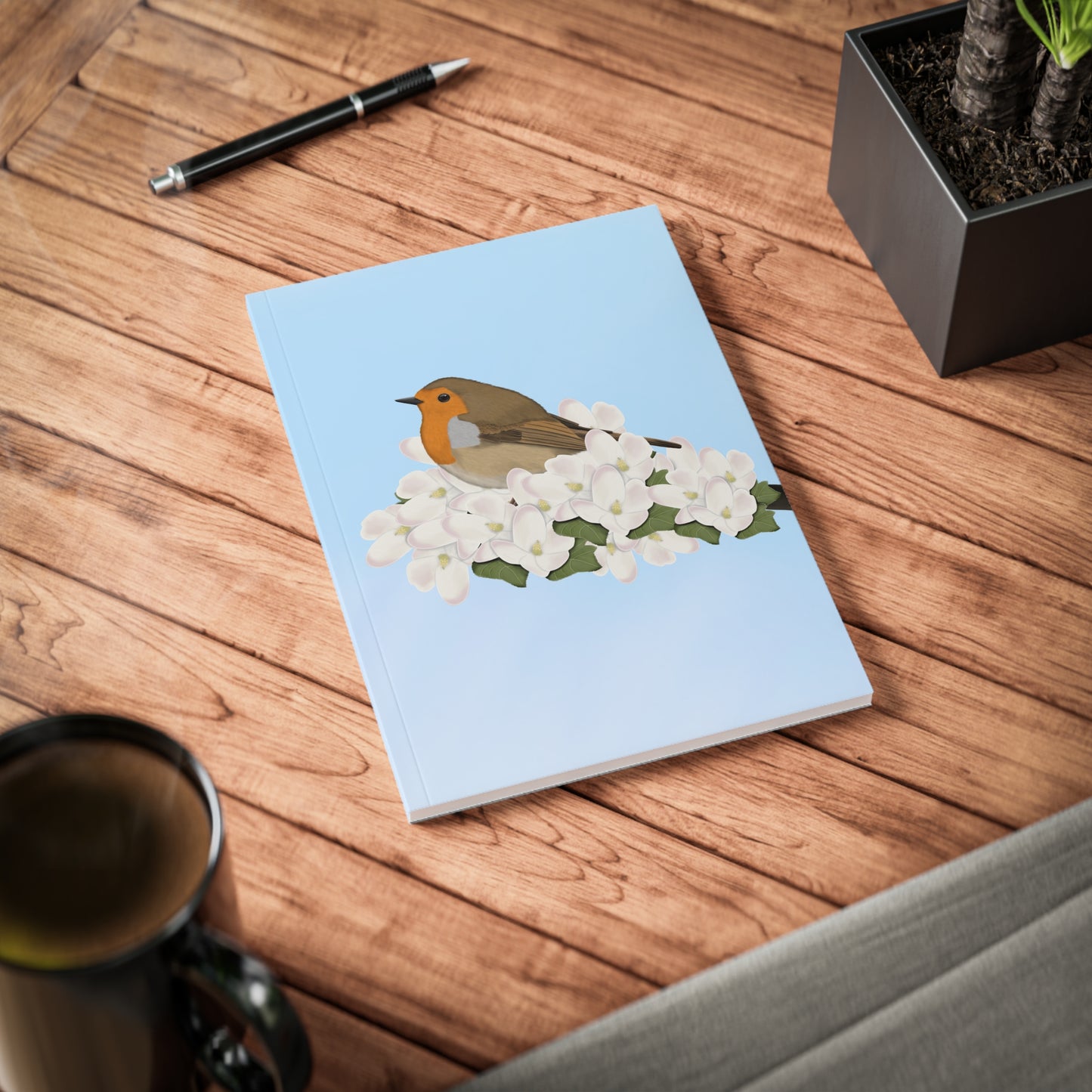 Rotkehlchen im Frühling A5 Vogel Softcover Notizbuch 150 Seiten Liniert