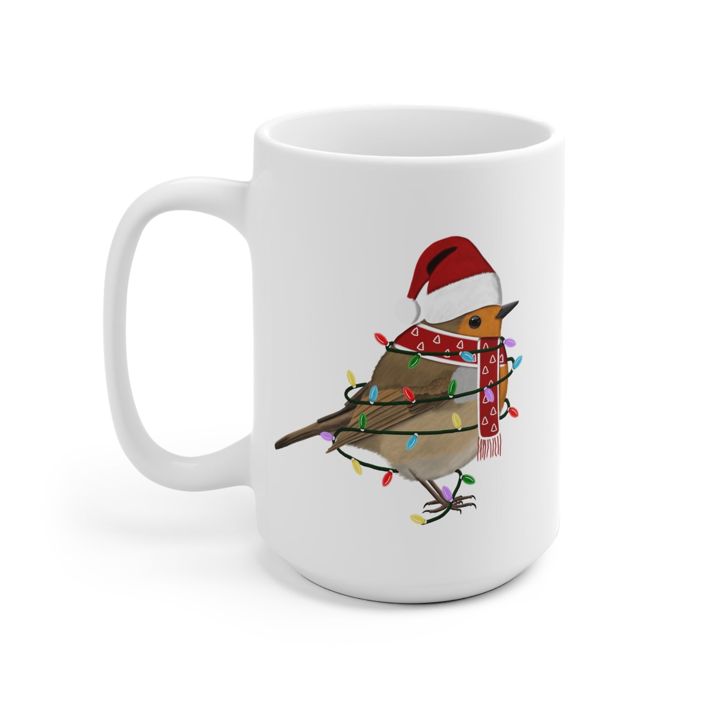 Rotkehlchen Tasse Vogel als Weihnachtsmann mit Lichterkette Weiß für Vogelfreunde