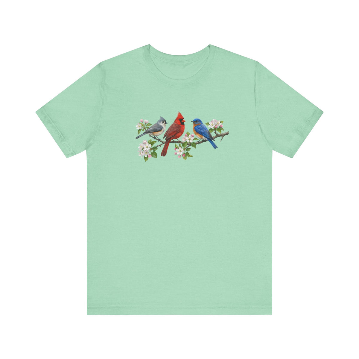 Tufted Titmouse, Bluebird and Cardinal T-Shirt – apple blossoms bird lover