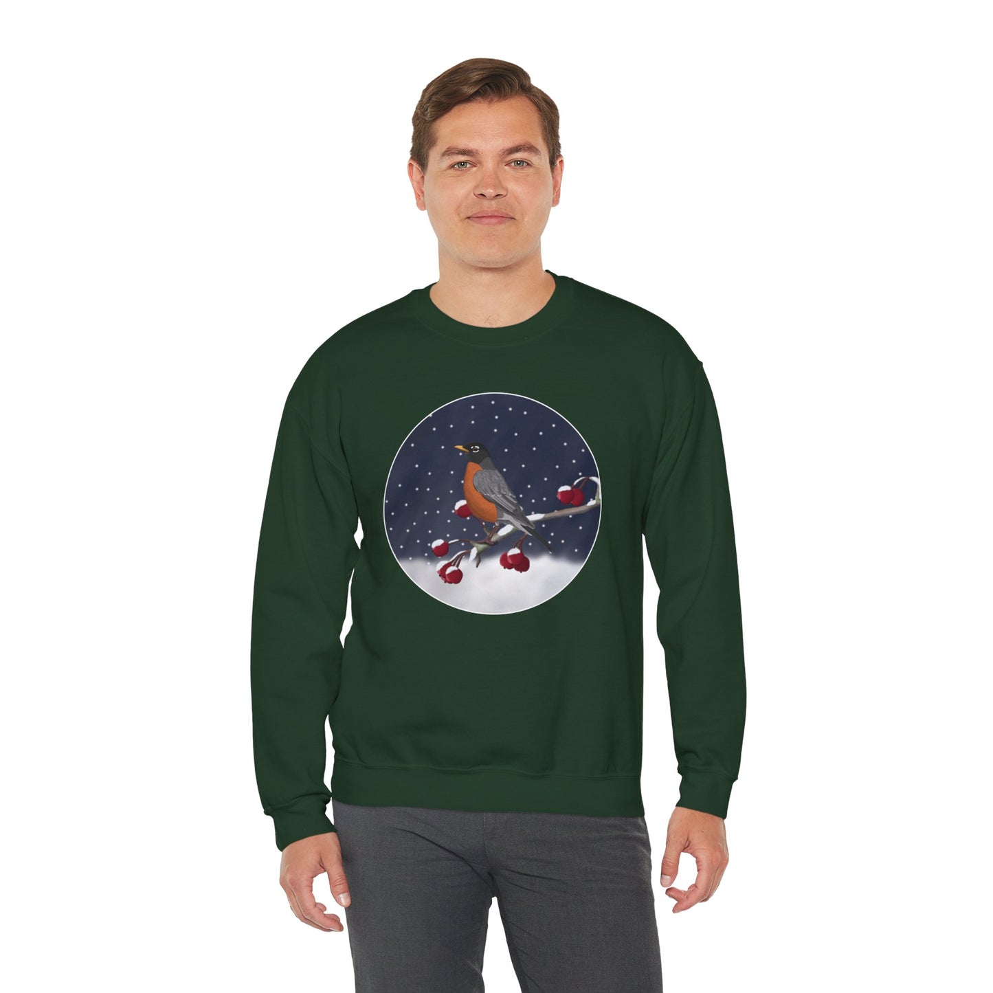 American Robin on a Winter Branch Birdwatcher Christmas Bird Sweatshirt