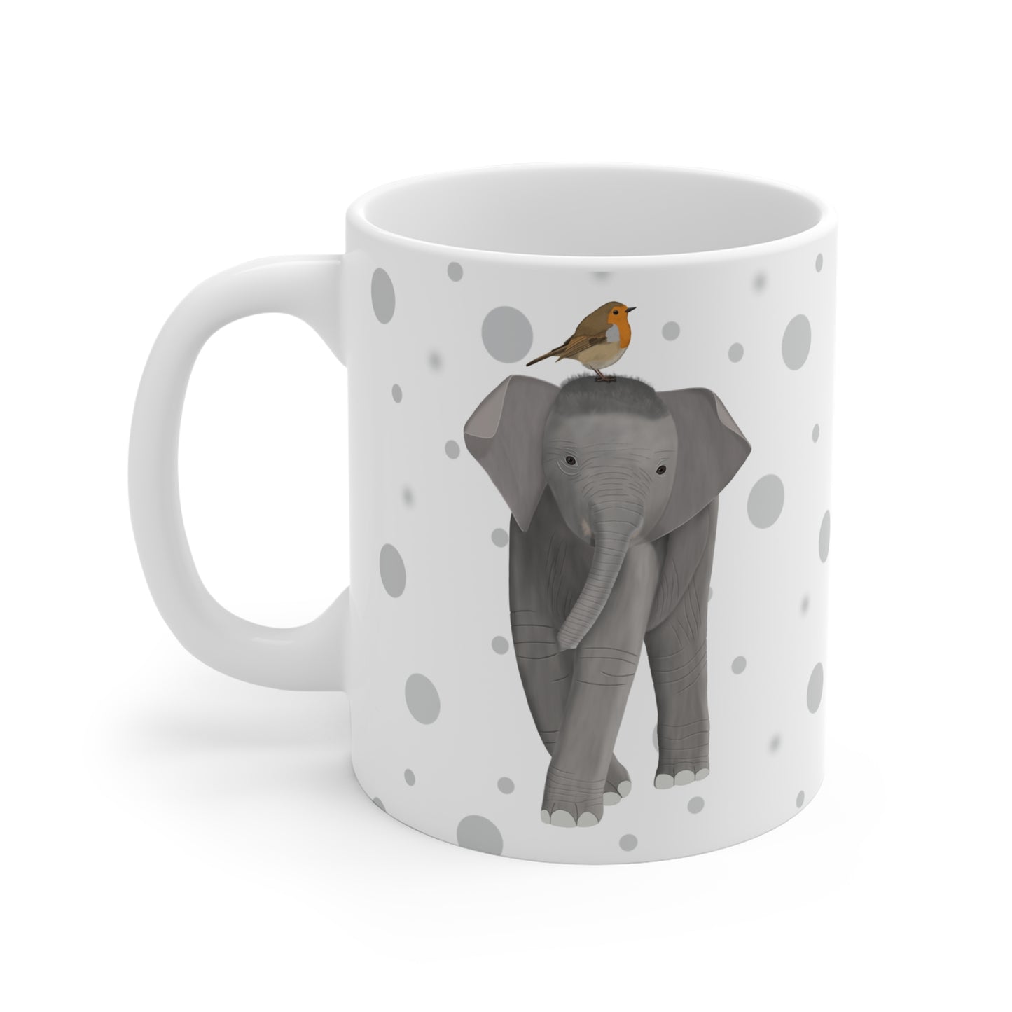 Rotkehlchen auf einem Elefanten Vogel Tasse Punkte Grau