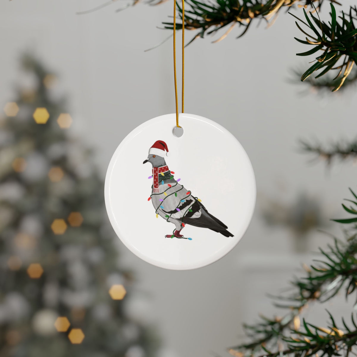 鳩のサンタクロース風陶器製クリスマスオーナメント | 丈夫な両面鳥愛好家向け装飾