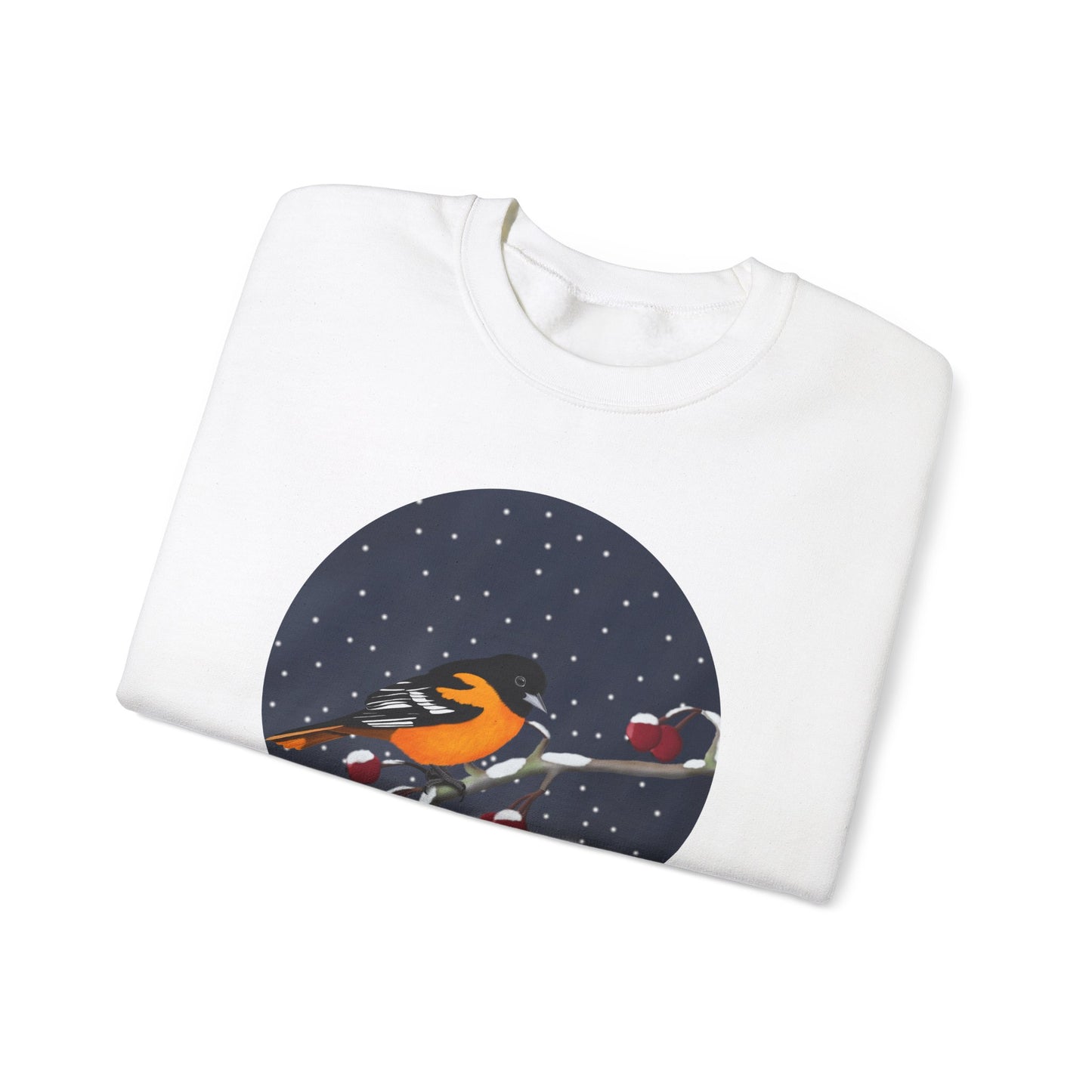 Baltimore Oriole on a Winter Branch Birdwatcher Christmas Bird Sweatshirt