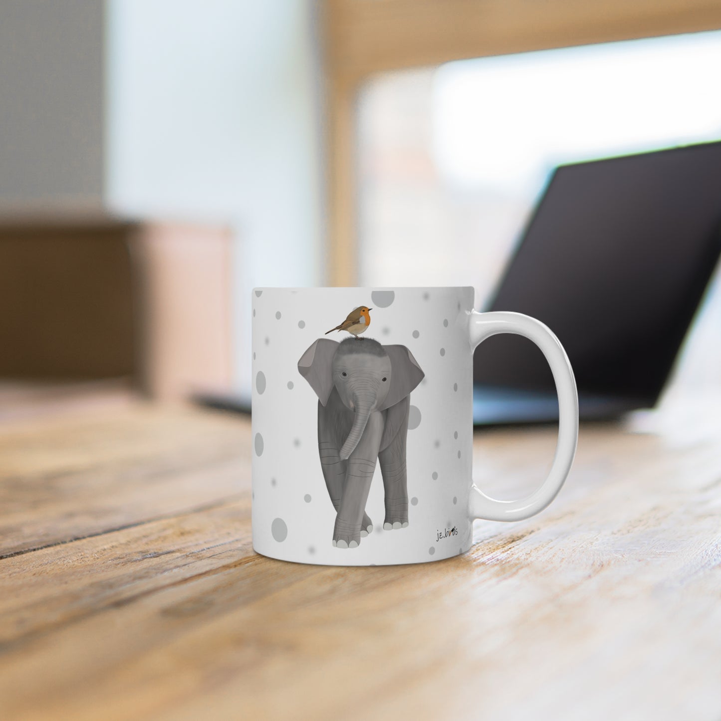 Rotkehlchen auf einem Elefanten Vogel Tasse Punkte Grau