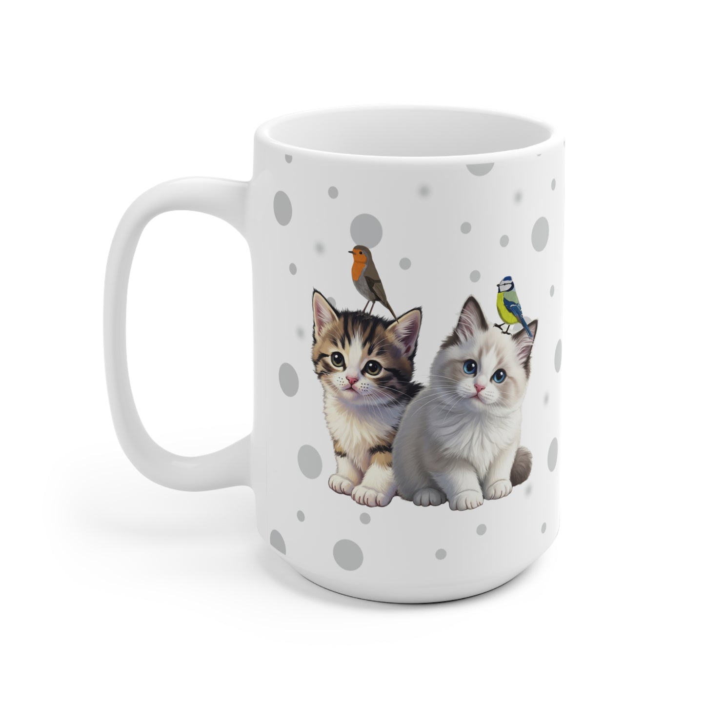 Katzenbabys Kätzchen Tasse mit Rotkehlchen und Blaumeise Tiermotiv Punkte Grau