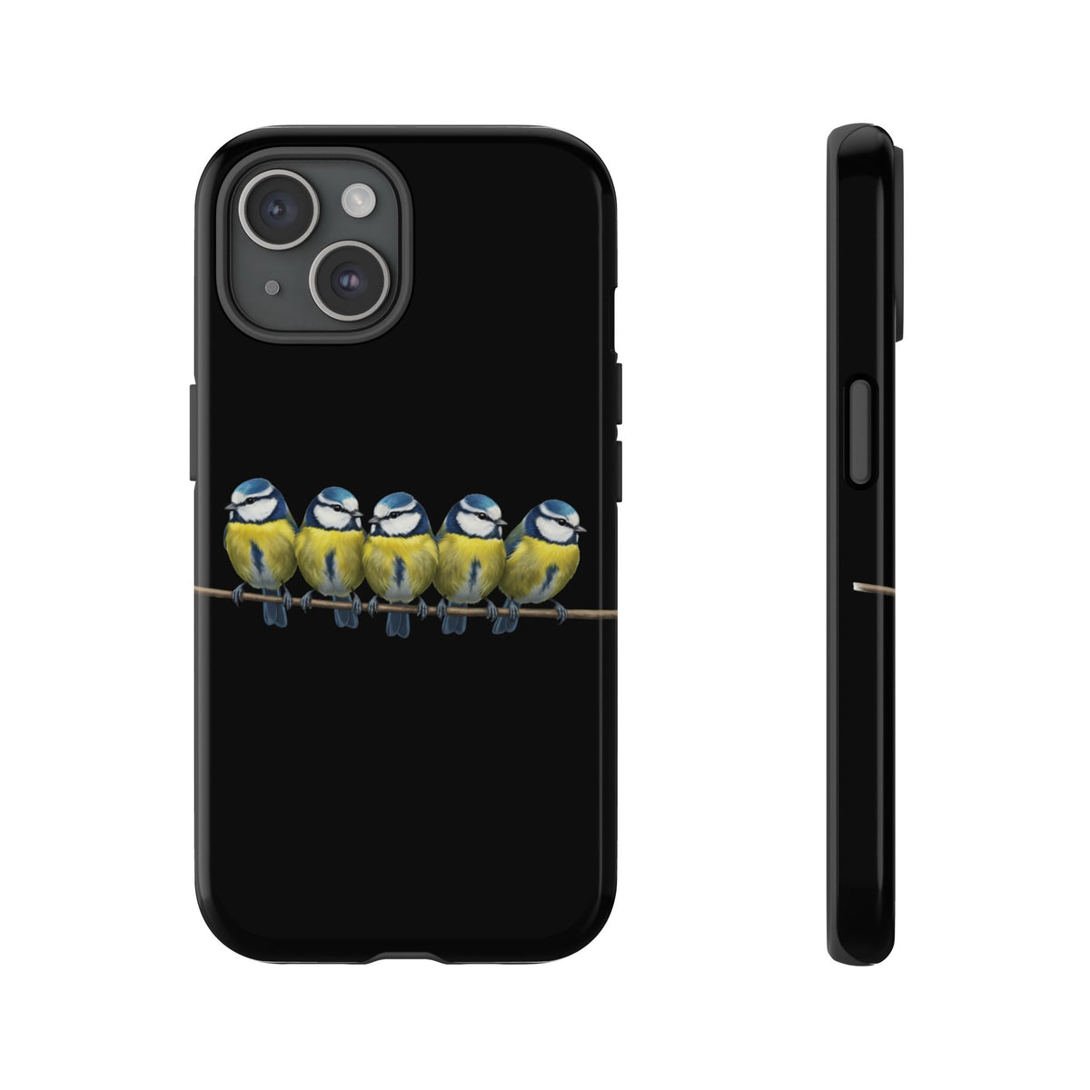 Funda premium para móvil de carbonero azul en una rama – Doble protección e impresión integral, negra
