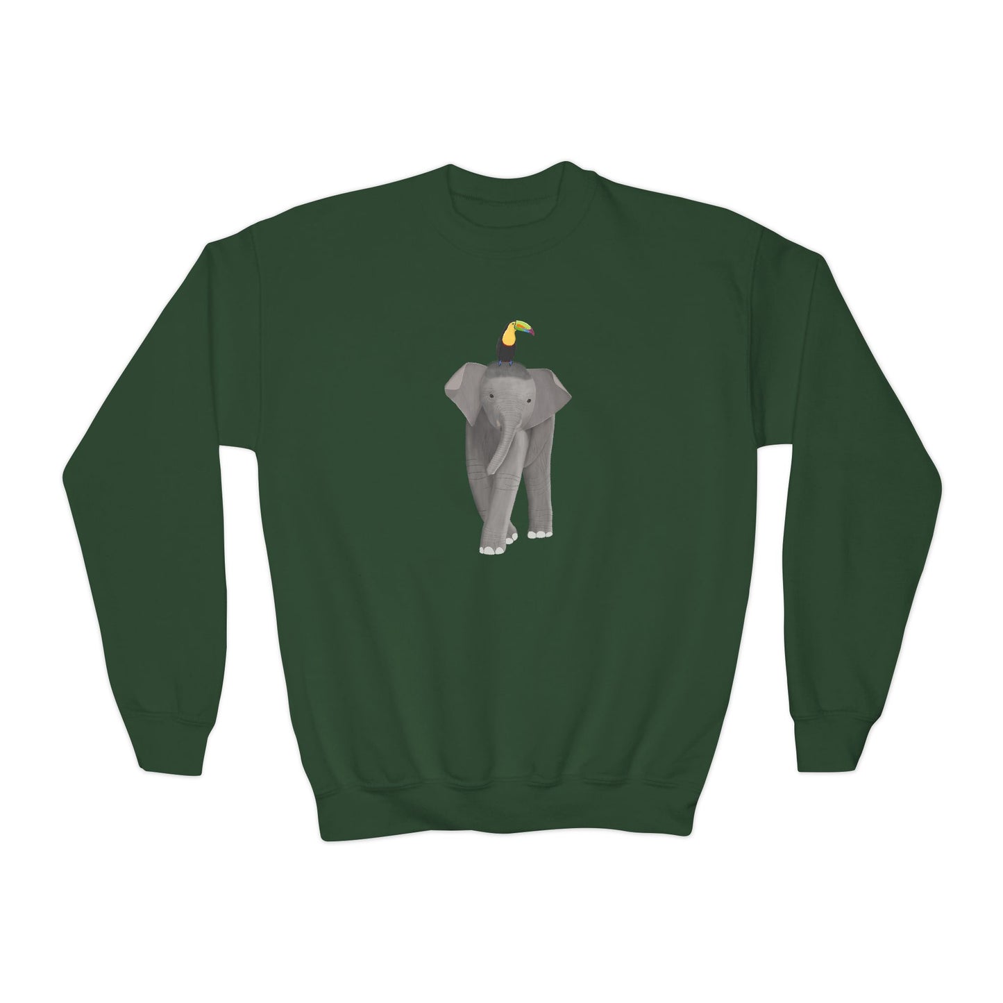 Elephant with Keel Billed Toucan Bird Youth Crewneck Sweatshirt