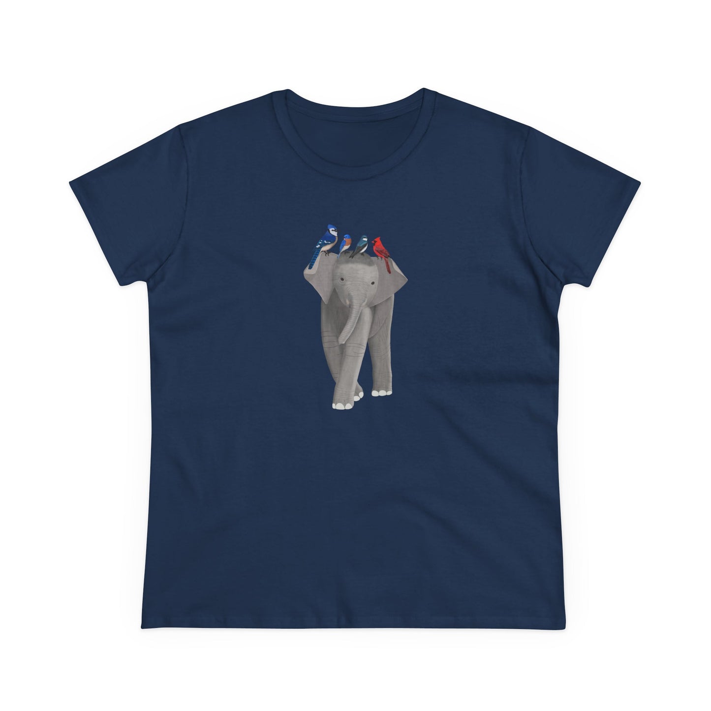 Elephant with Birds Blue Jay Cardinal Bluebird Design for Birdwatchers and Bird Lovers Women's T-Shirt