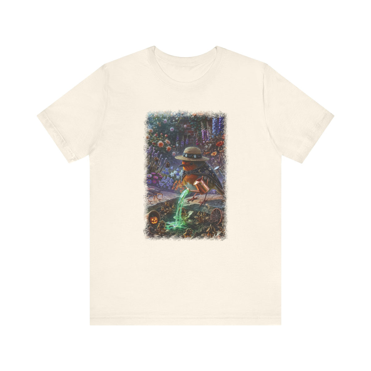 Soft premium Bella Canvas 3001 natural T-shirt featuring a digitally painted illustration of a cute bird named Robin Rosi pouring a glowing green magic potion from a watering can onto dried flowers.