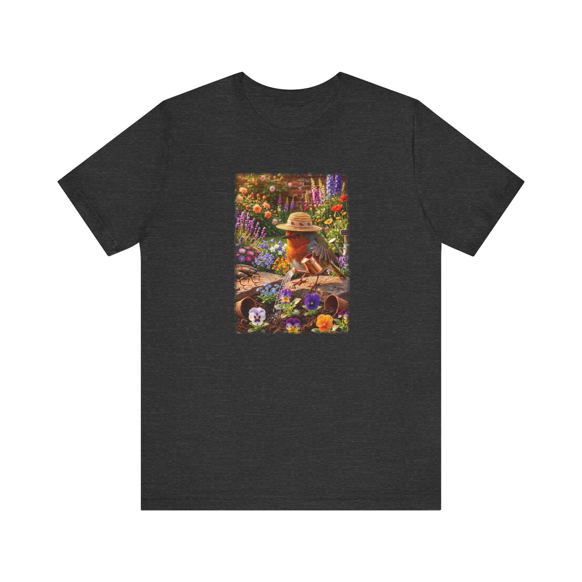 A dark heather gray short-sleeve t-shirt with a colorful graphic print on the front showing a robin bird in a hat surrounded by flowers.